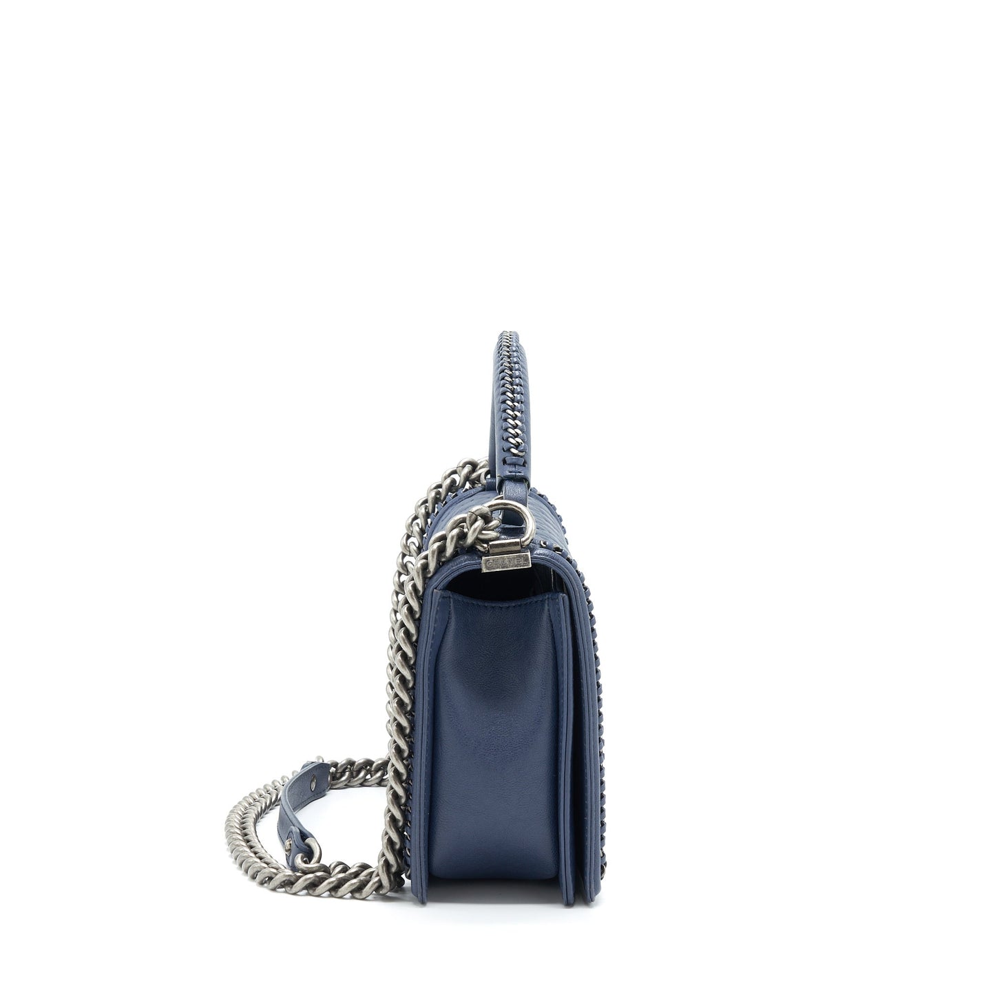 Chanel Boy Top Handle Navy Ruthenium Sliver Handbag