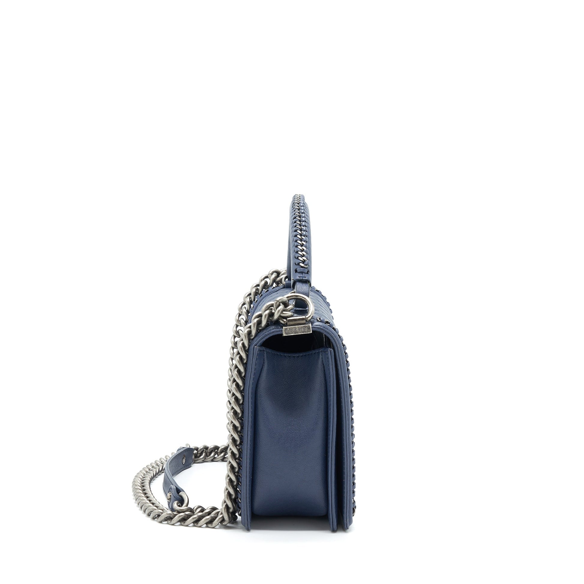 Chanel Boy Top Handle Navy Ruthenium Sliver Handbag
