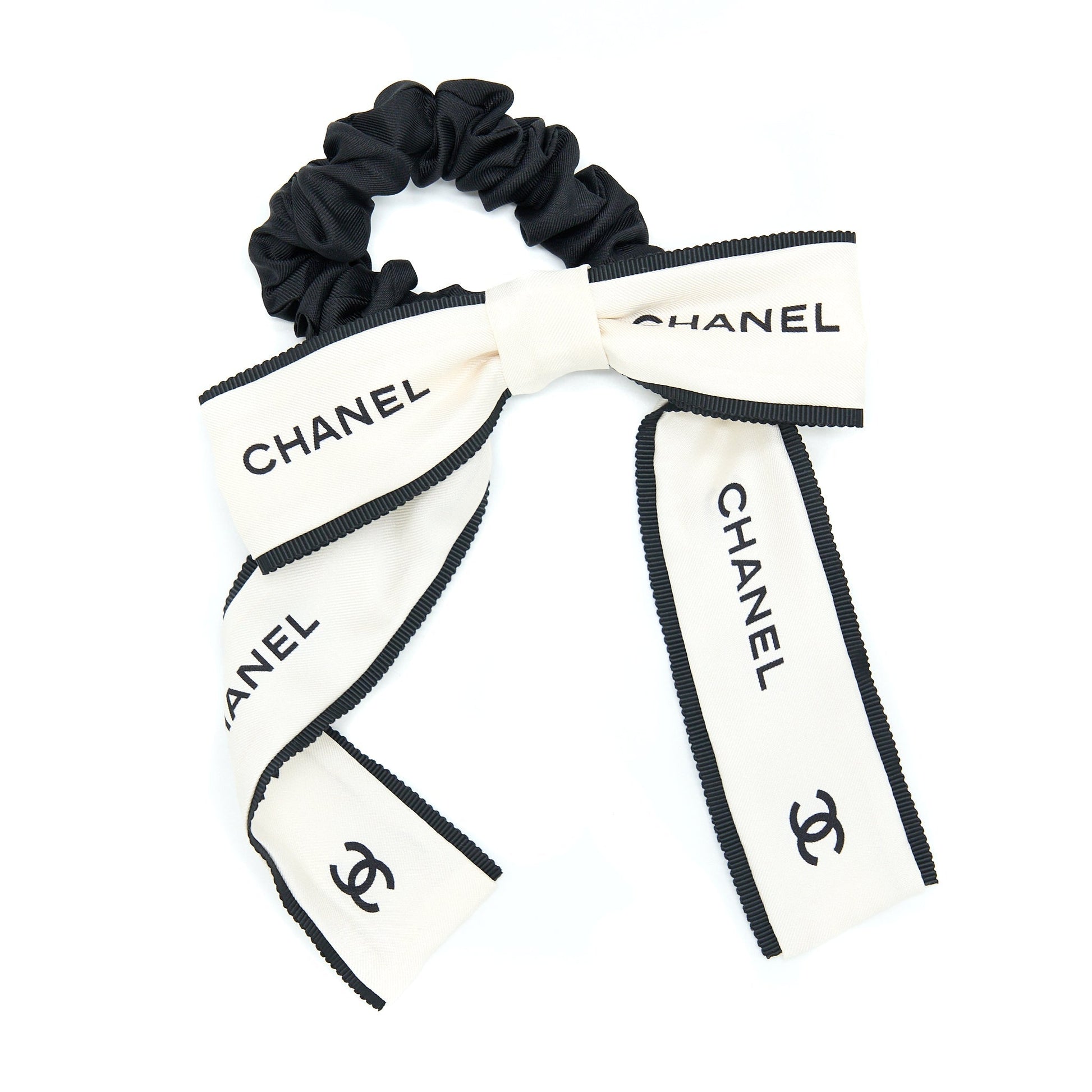 Chanel 22B Hair Tie Silk Twill Ecru Black Handbag