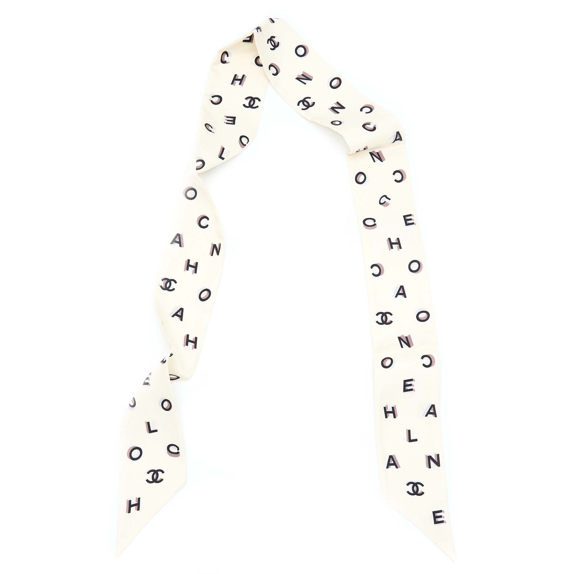 Chanel 22B Letter CC Logo Twilly Ecru Black Scarf