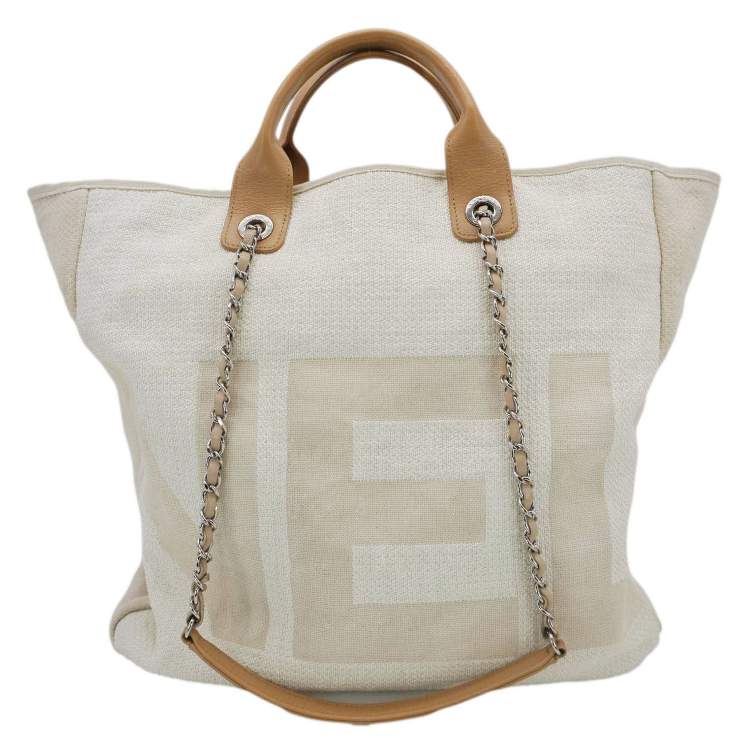 Chanel Deauville Large Logo Printed Canvas Tote Bag Cream