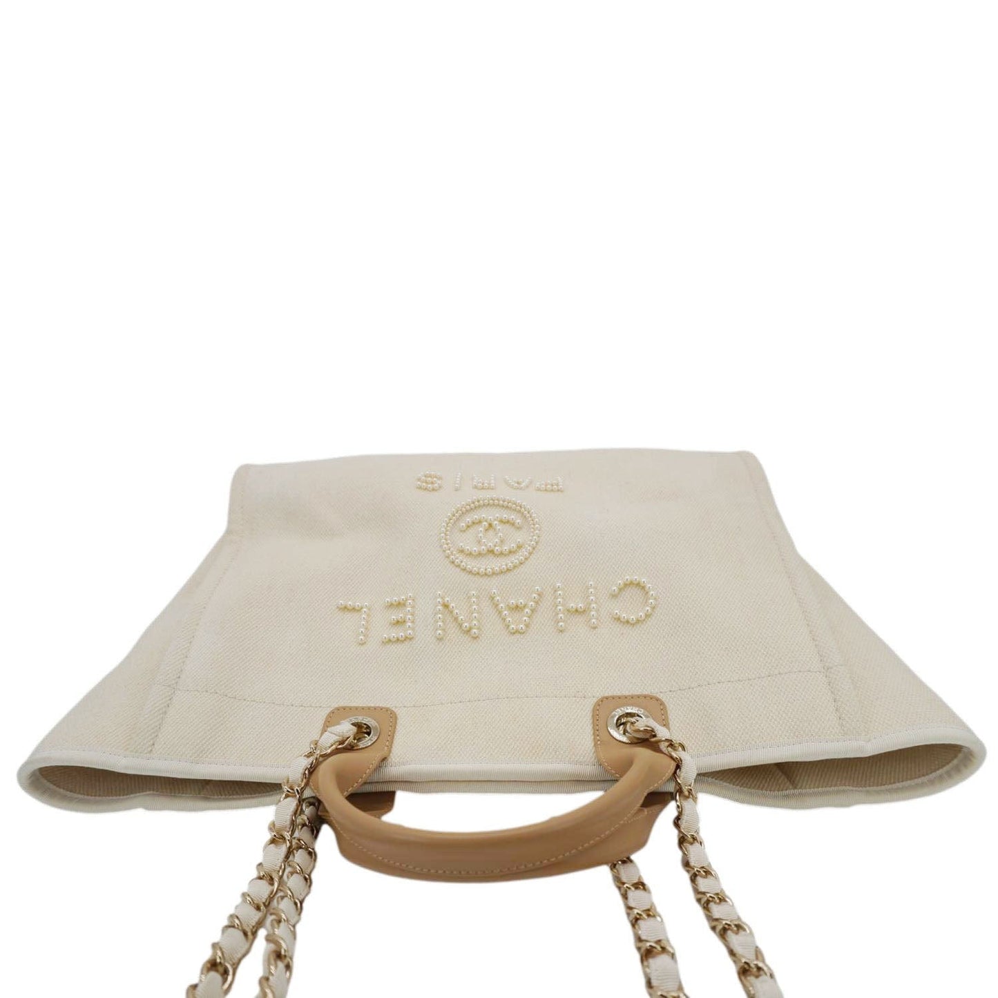 Chanel Deauville Pearl Embellished Cream Canvas Travel Bag