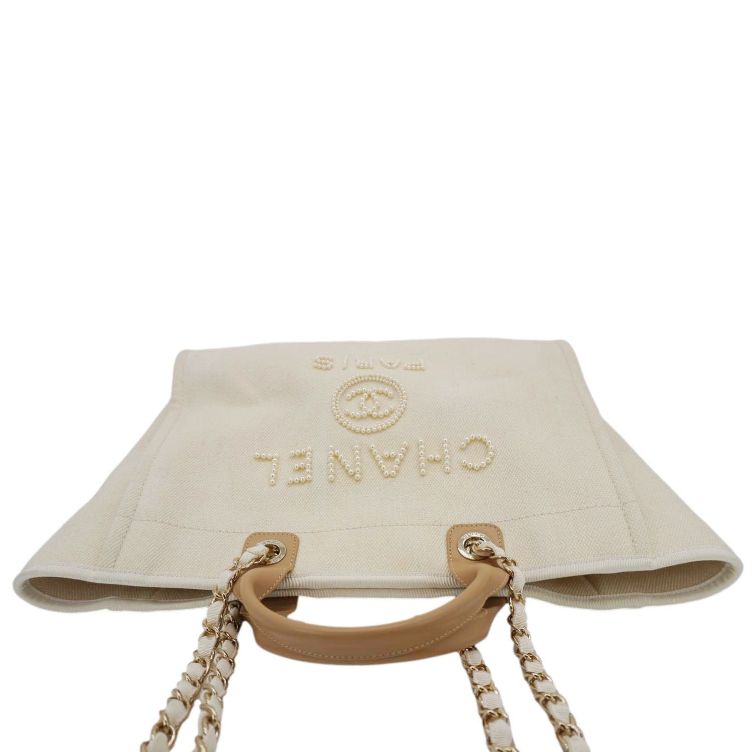 Chanel Deauville Pearl Embellished Cream Canvas Travel Bag