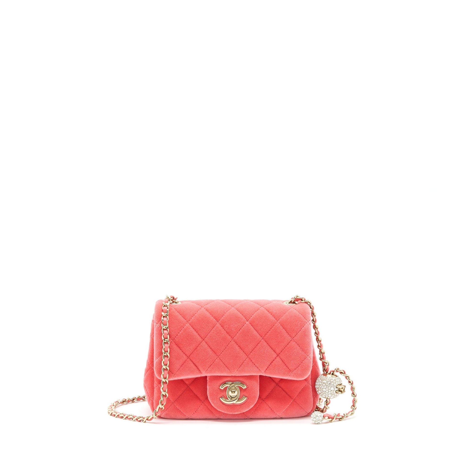 Chanel Pearl Crush Square Flap Velvet GHW Pink Shoulder Bag