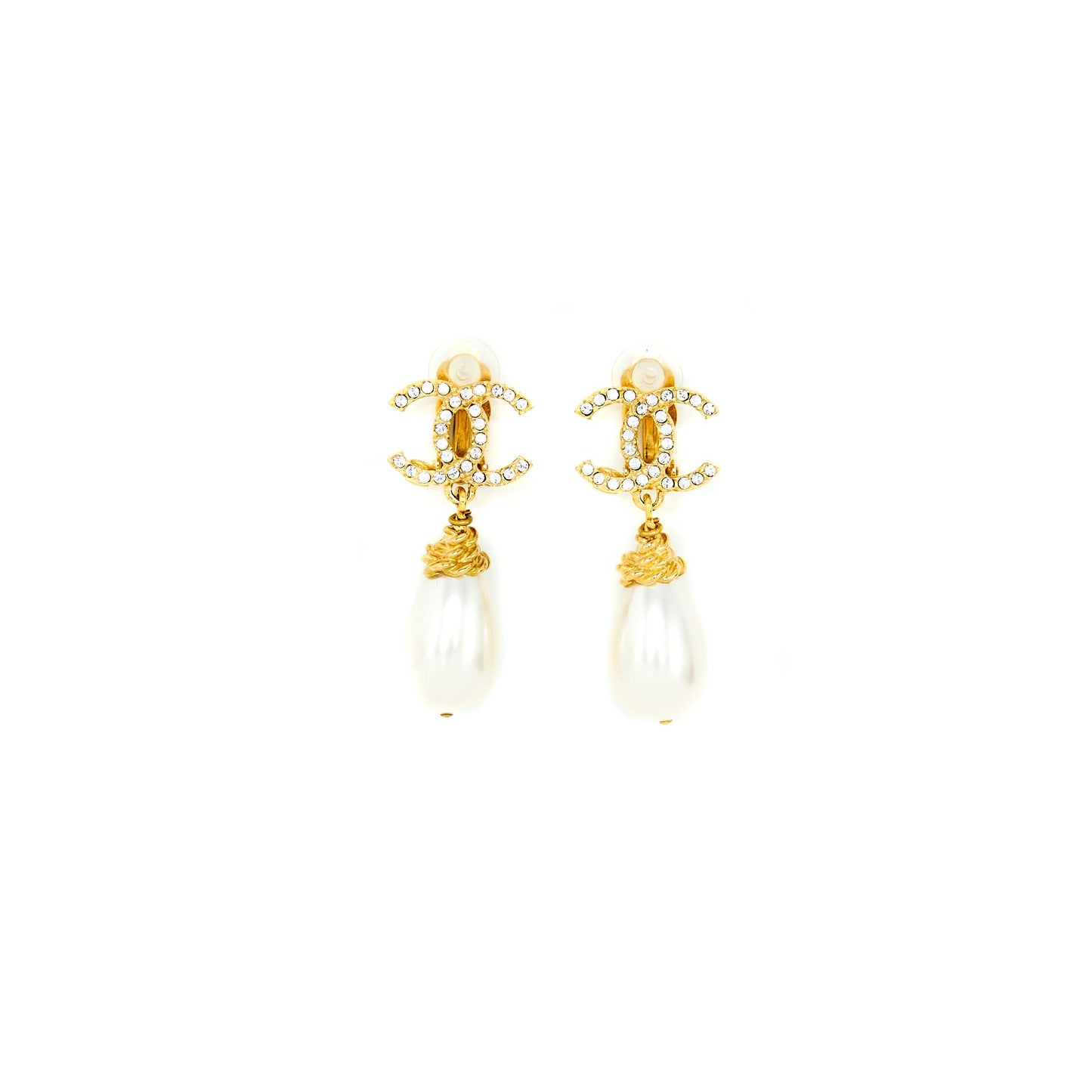Chanel CC Logo Crystal Pearl Drop Ear Gold Handbag