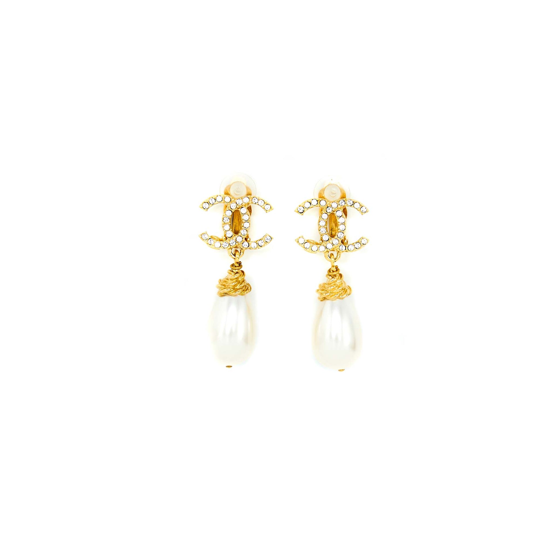 Chanel CC Logo Crystal Pearl Drop Ear Gold Handbag