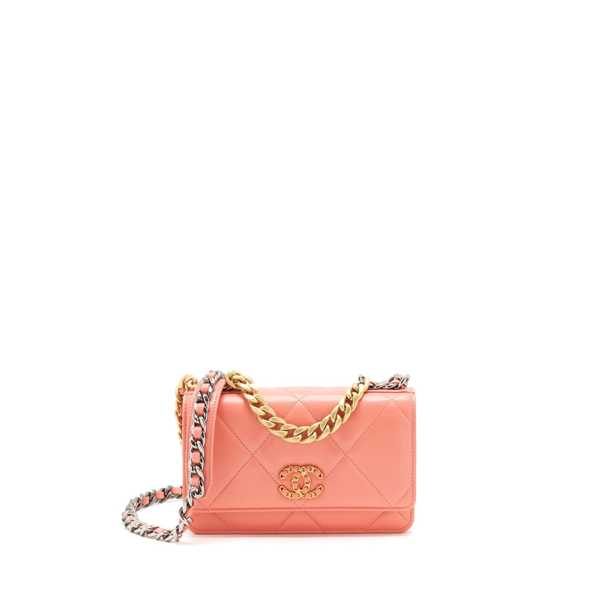 Chanel 19 on Goatskin hardware Pink Gold Silver Wallet Case