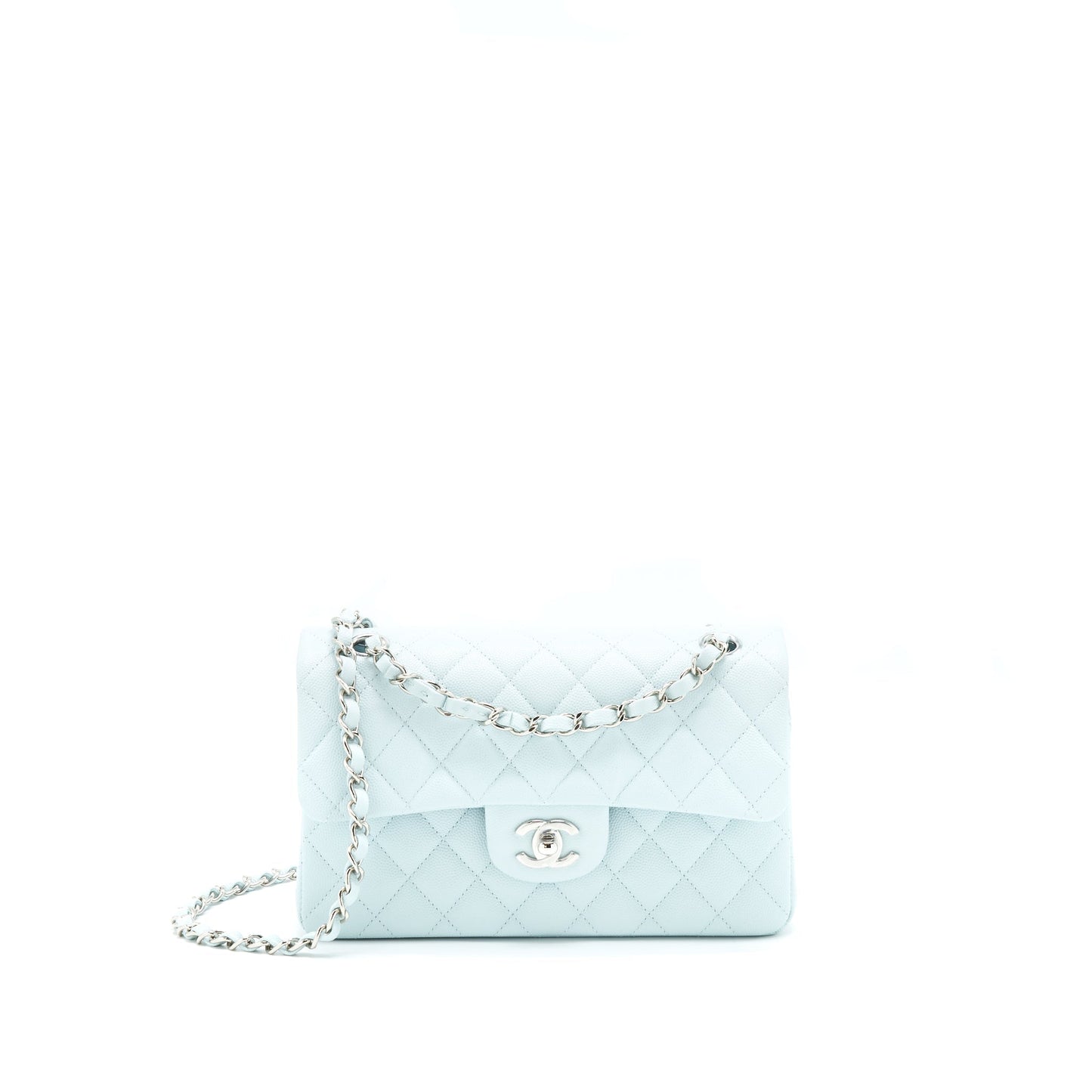 Chanel 21K Classic Double Flap Caviar Light Blue Small Shoulder Bag