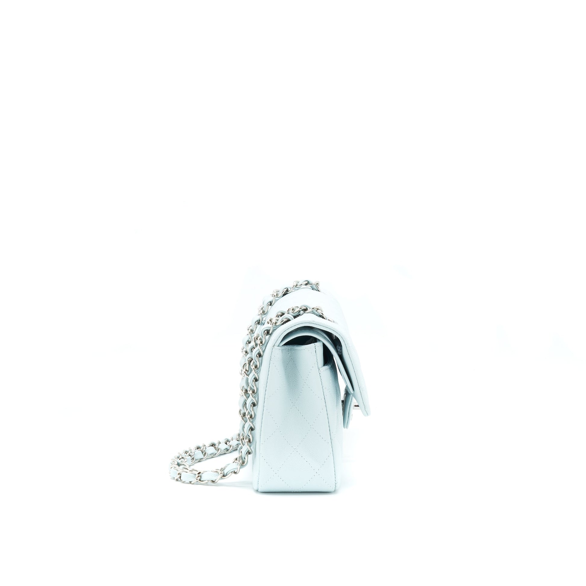Chanel 21K Classic Double Flap Caviar Light Blue Small Shoulder Bag