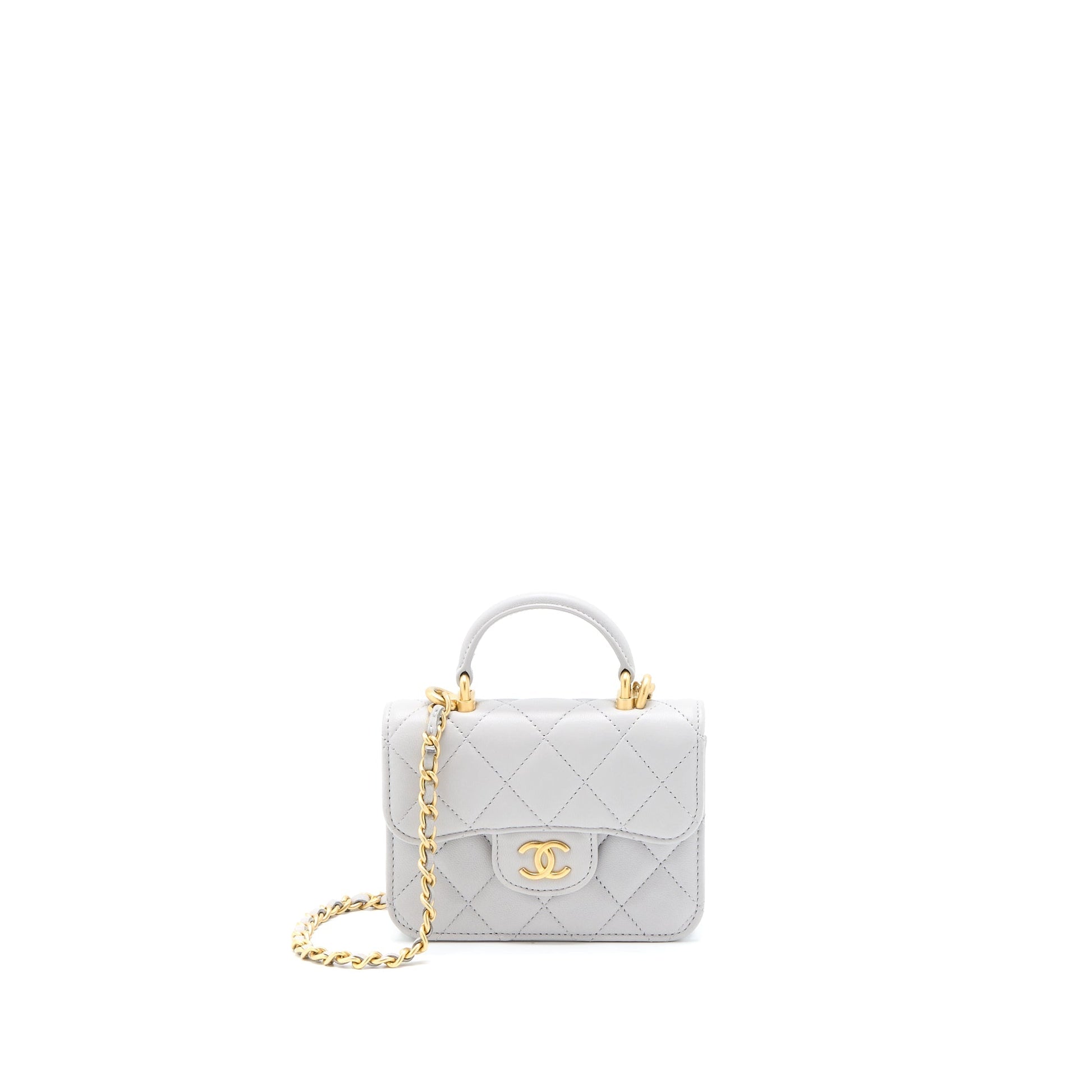 Chanel Top Handle Flap Lambskin Light Brushed Grey Shoulder Bag