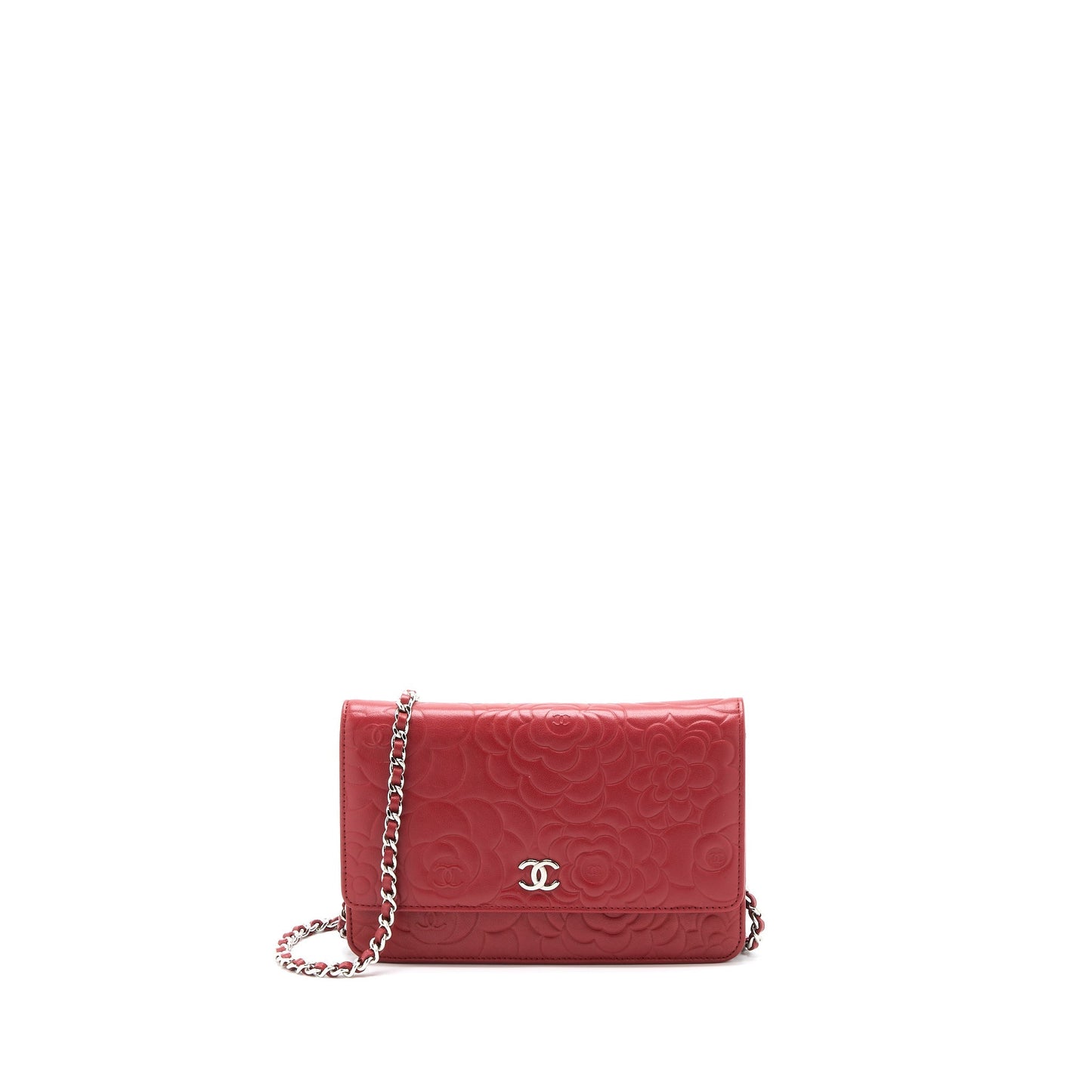 Chanel Camellia on Lambskin SHW Red Wallet Case