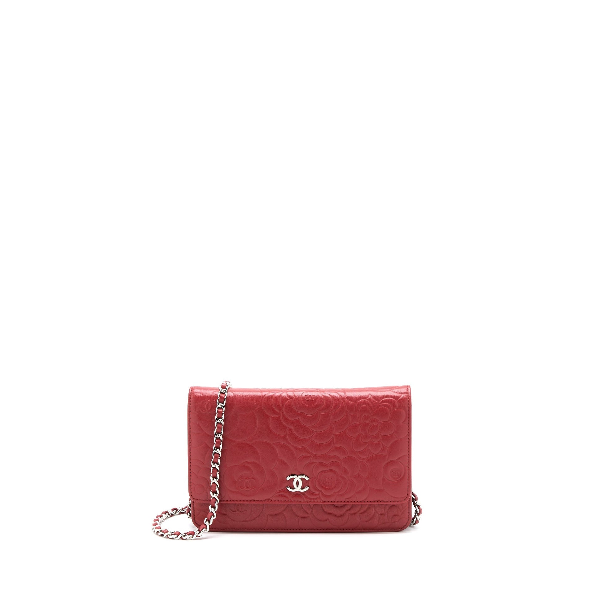 Chanel Camellia on Lambskin SHW Red Wallet Case