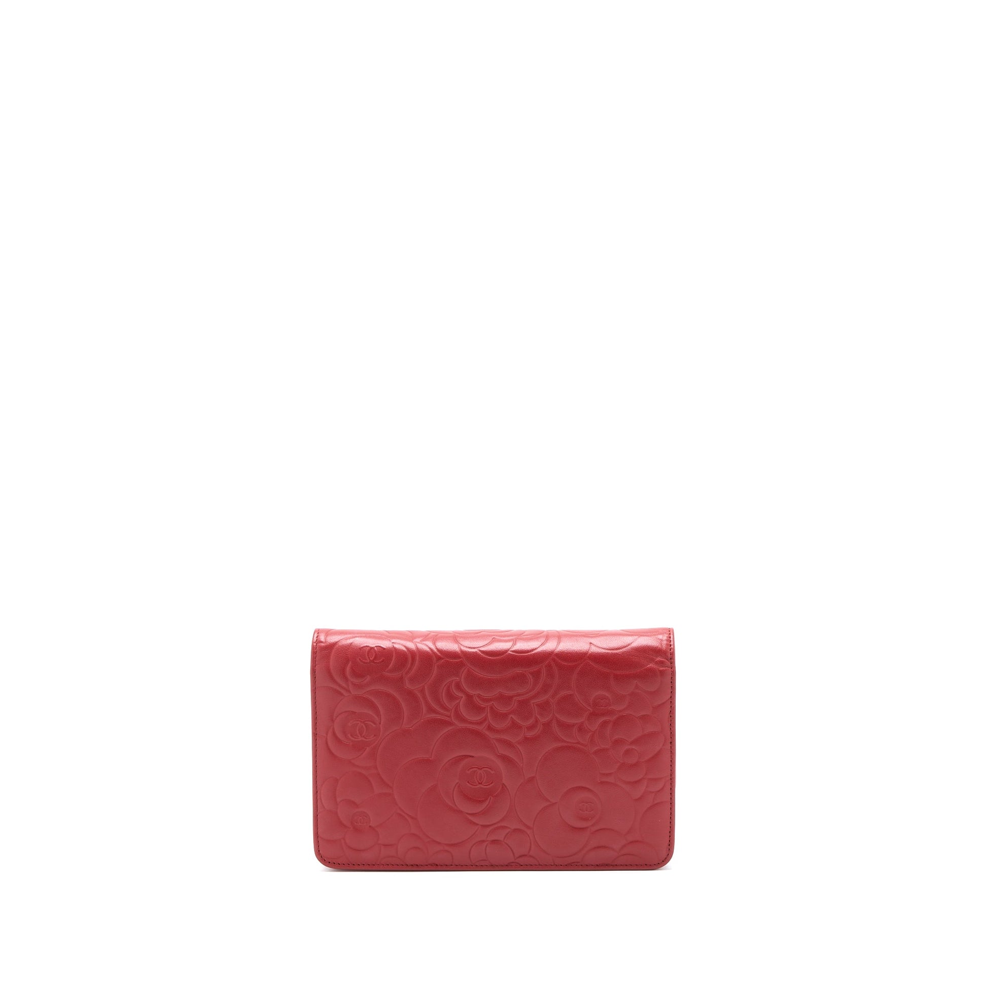 Chanel Camellia on Lambskin SHW Red Wallet Case