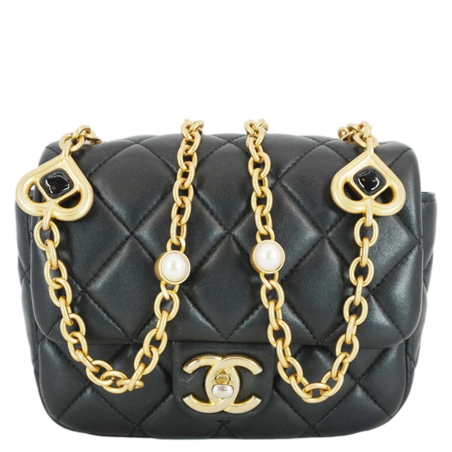 Chanel Enamel Pearl Charm Me Square Leather Lambskin Black Key Chain