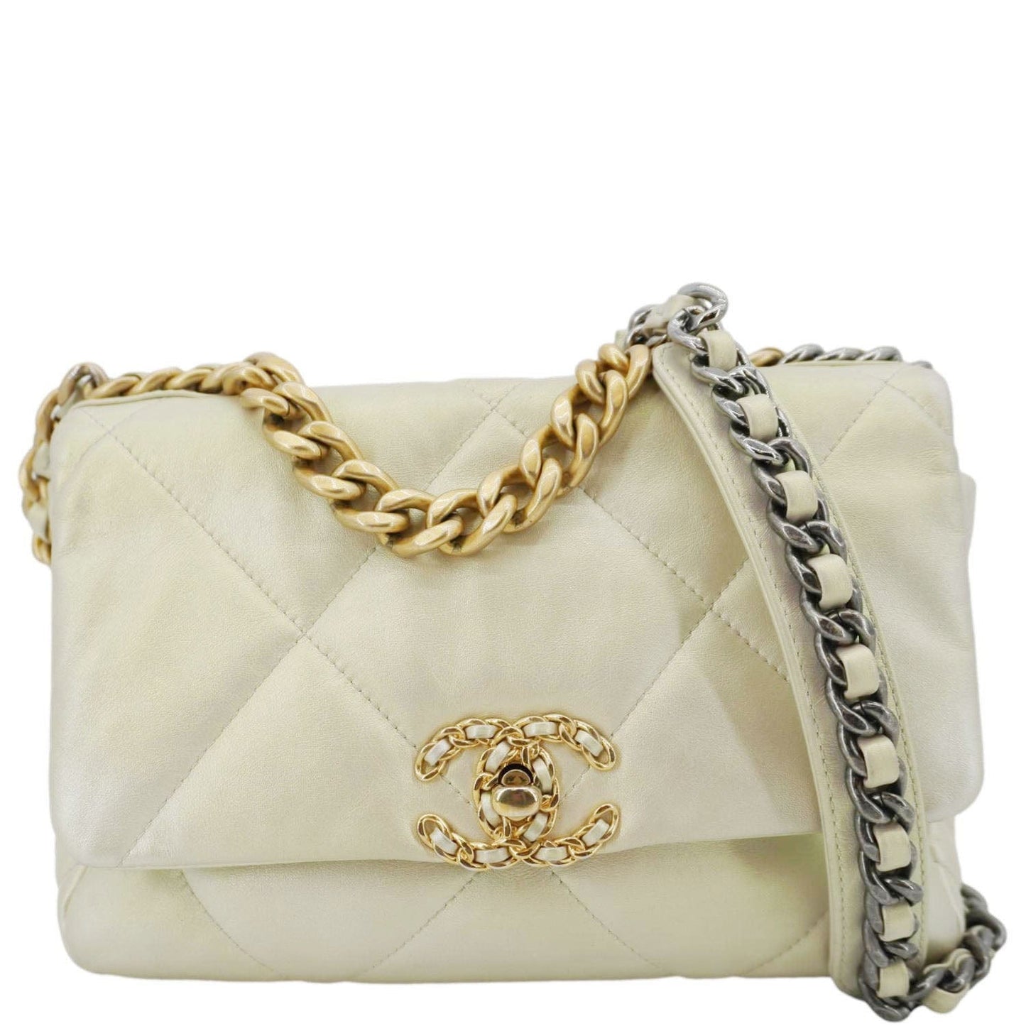 Chanel Iridescent 19 Flap Quilted Leather Calfskin Gold Travel Bag