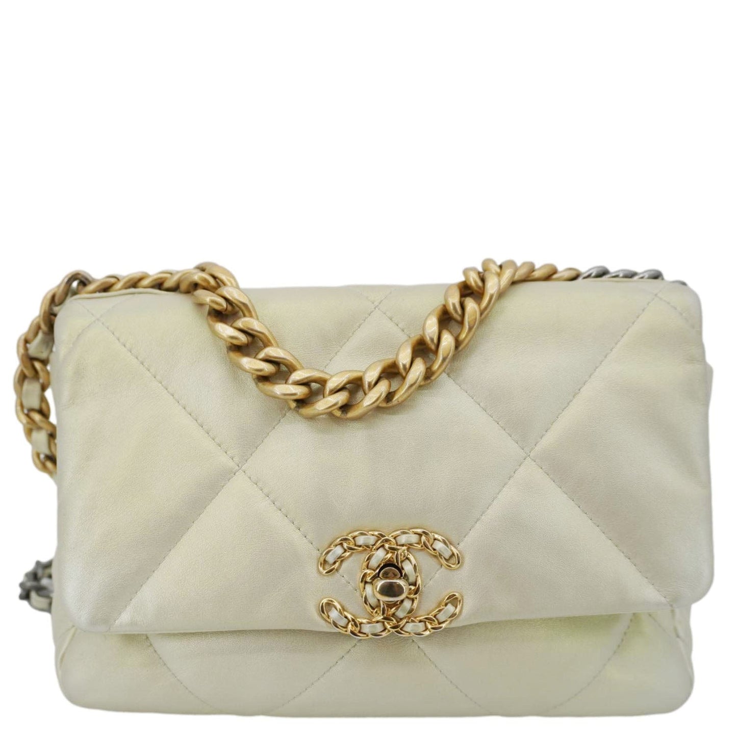 Chanel Iridescent 19 Flap Quilted Leather Calfskin Gold Travel Bag