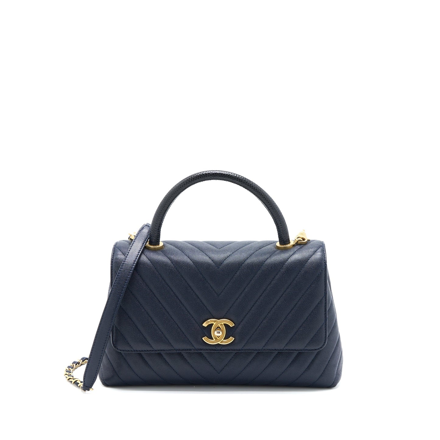 Chanel Chevron Coco Handle Caviar Lizard Handle Handbag