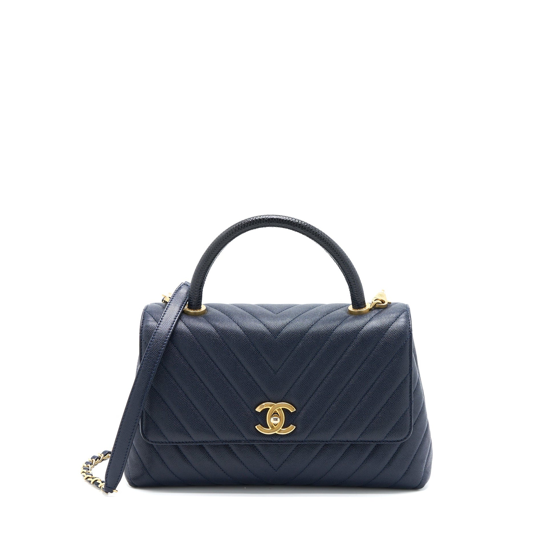 Chanel Chevron Coco Handle Caviar Lizard Handle Handbag