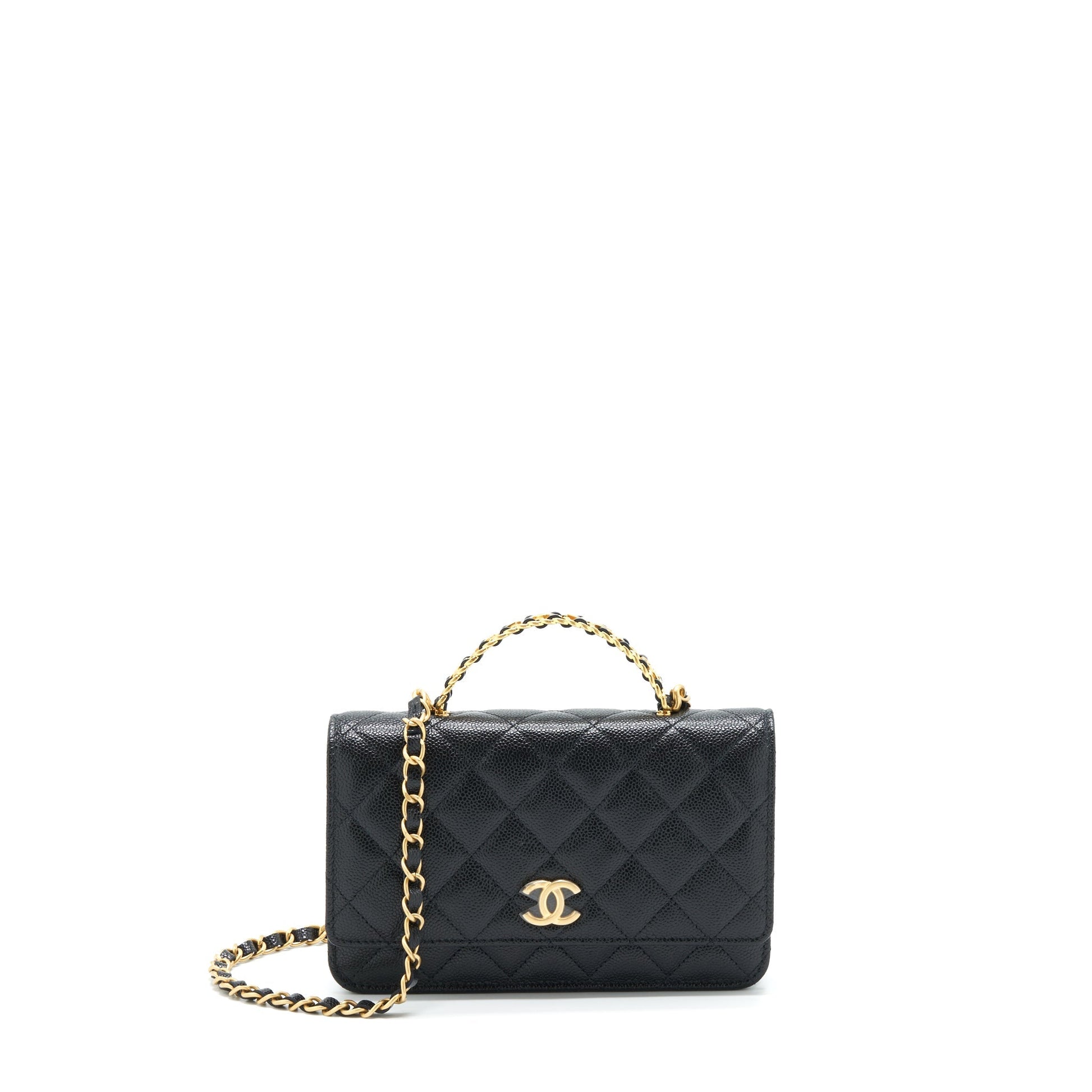 Chanel 22S Logo Top Handle On Caviar Black Wallet Case