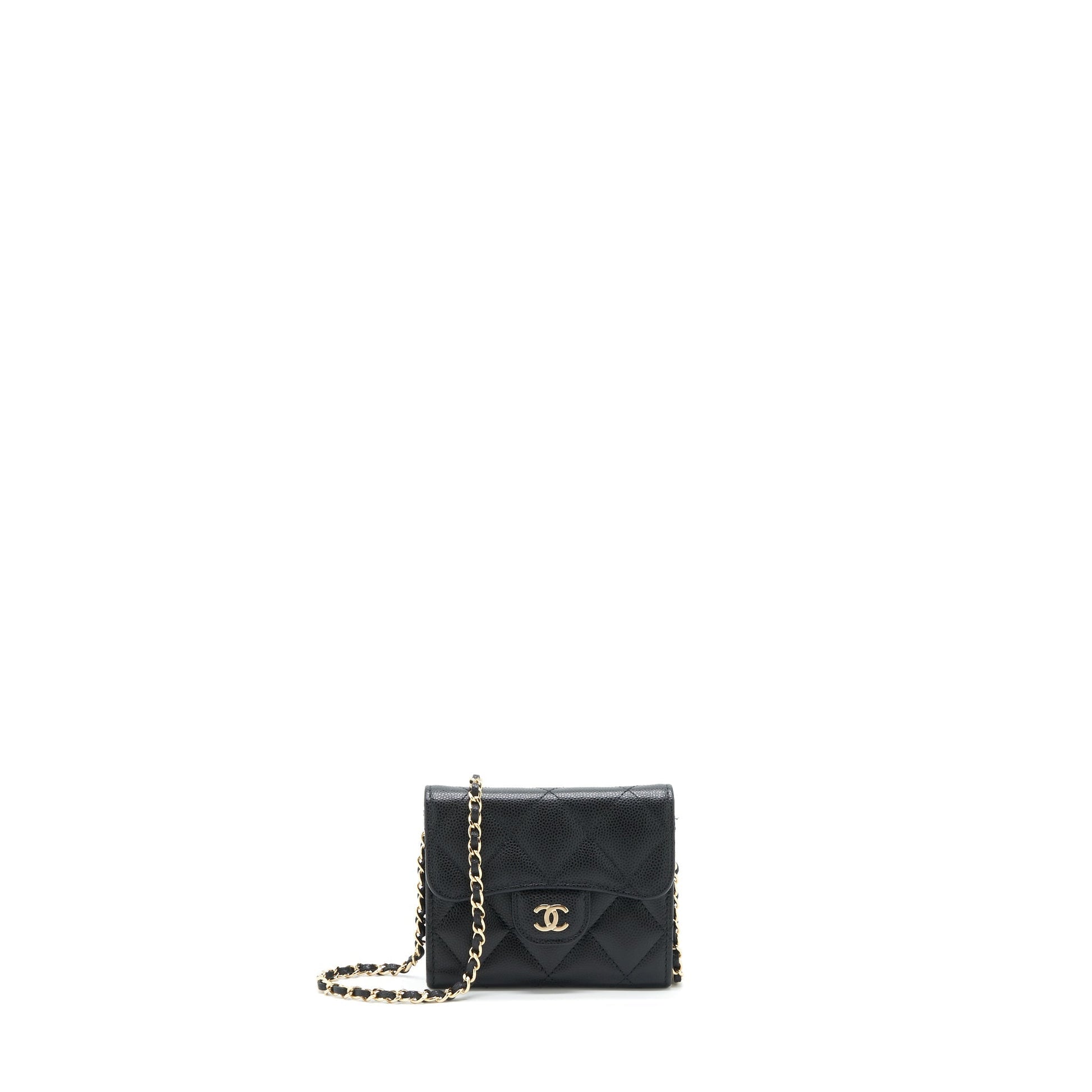 Chanel 22P Card Holder Chains Caviar LGHW Black Wallet Case