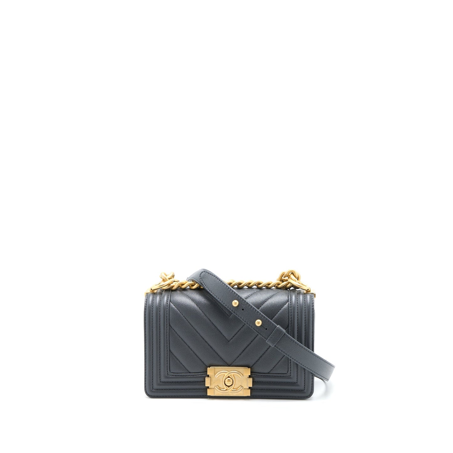 Chanel Boy Chevron Caviar Dark Brushed GHW Grey Small Handbag