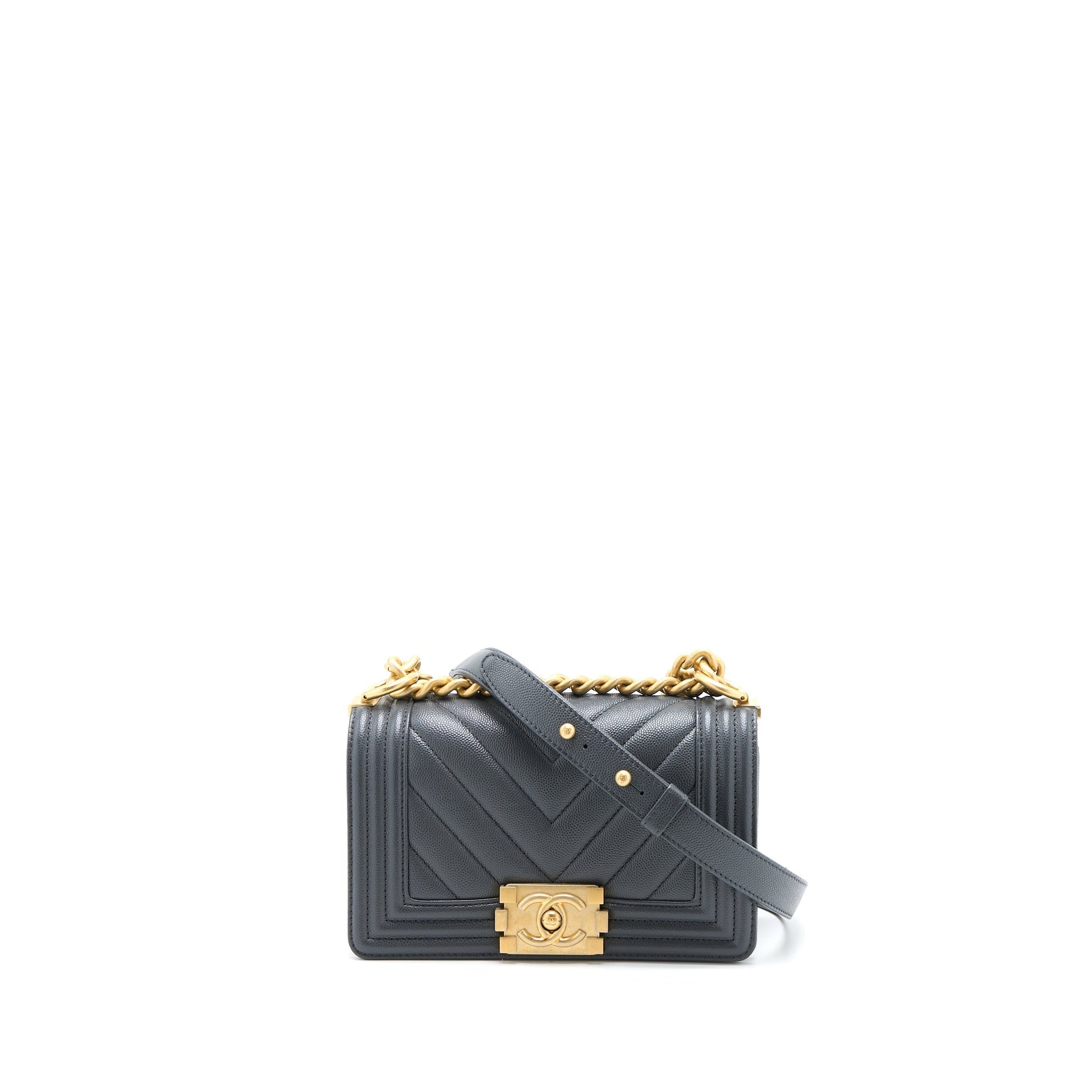 Chanel Boy Chevron Caviar Dark Brushed GHW Grey Small Handbag