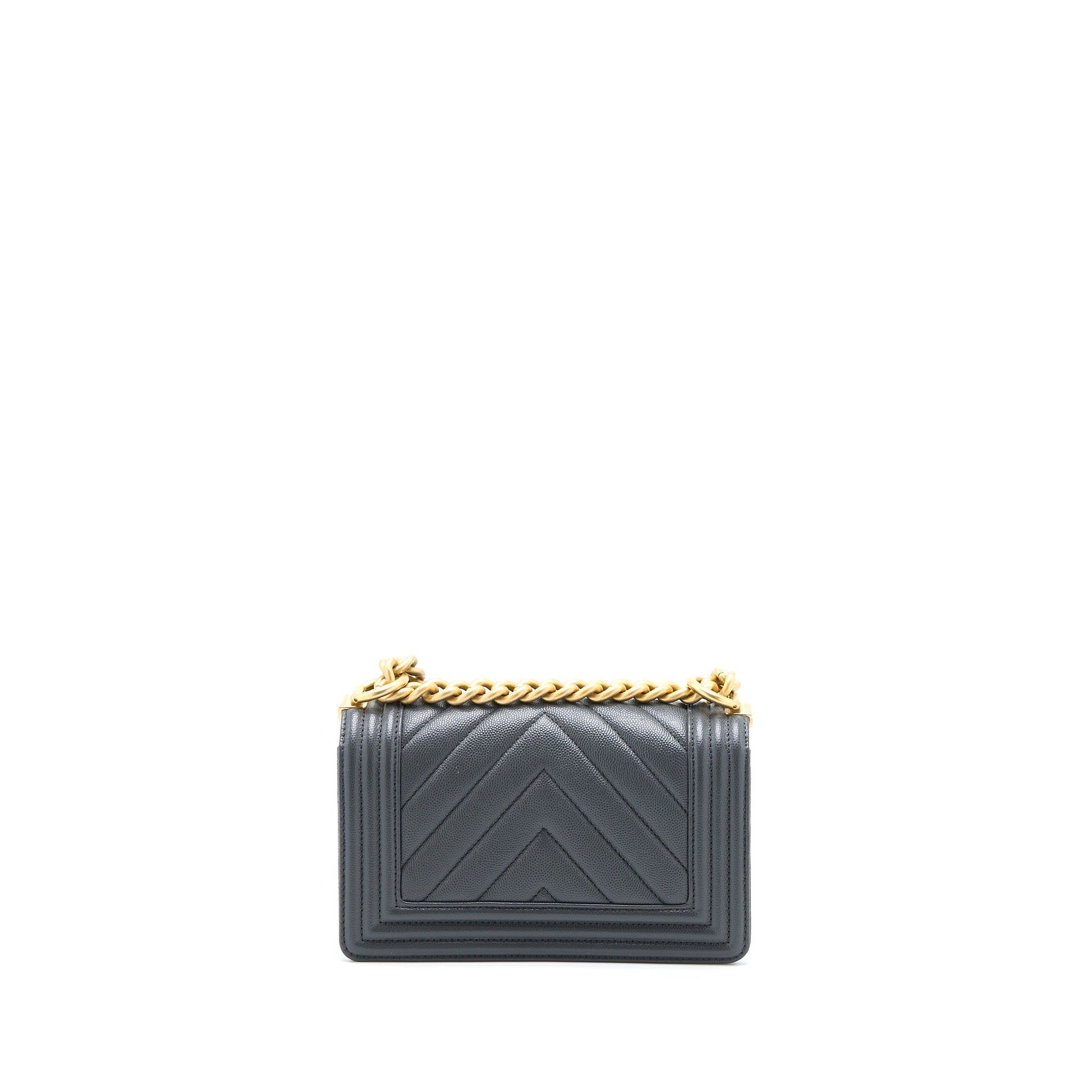 Chanel Boy Chevron Caviar Dark Brushed GHW Grey Small Handbag