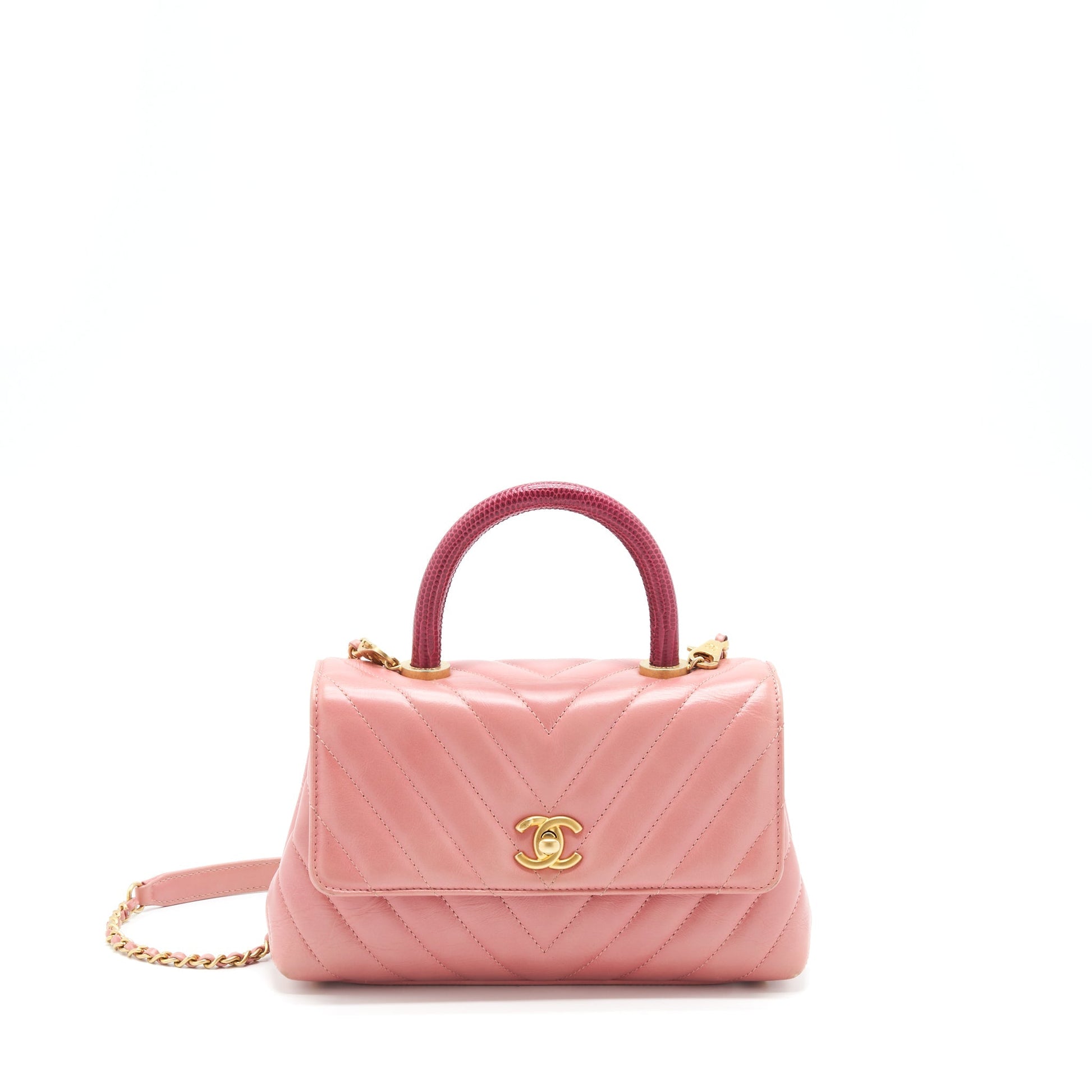 Chanel Coco Handle Chevron Calfskin Lizard Handle Pink Small Handbag