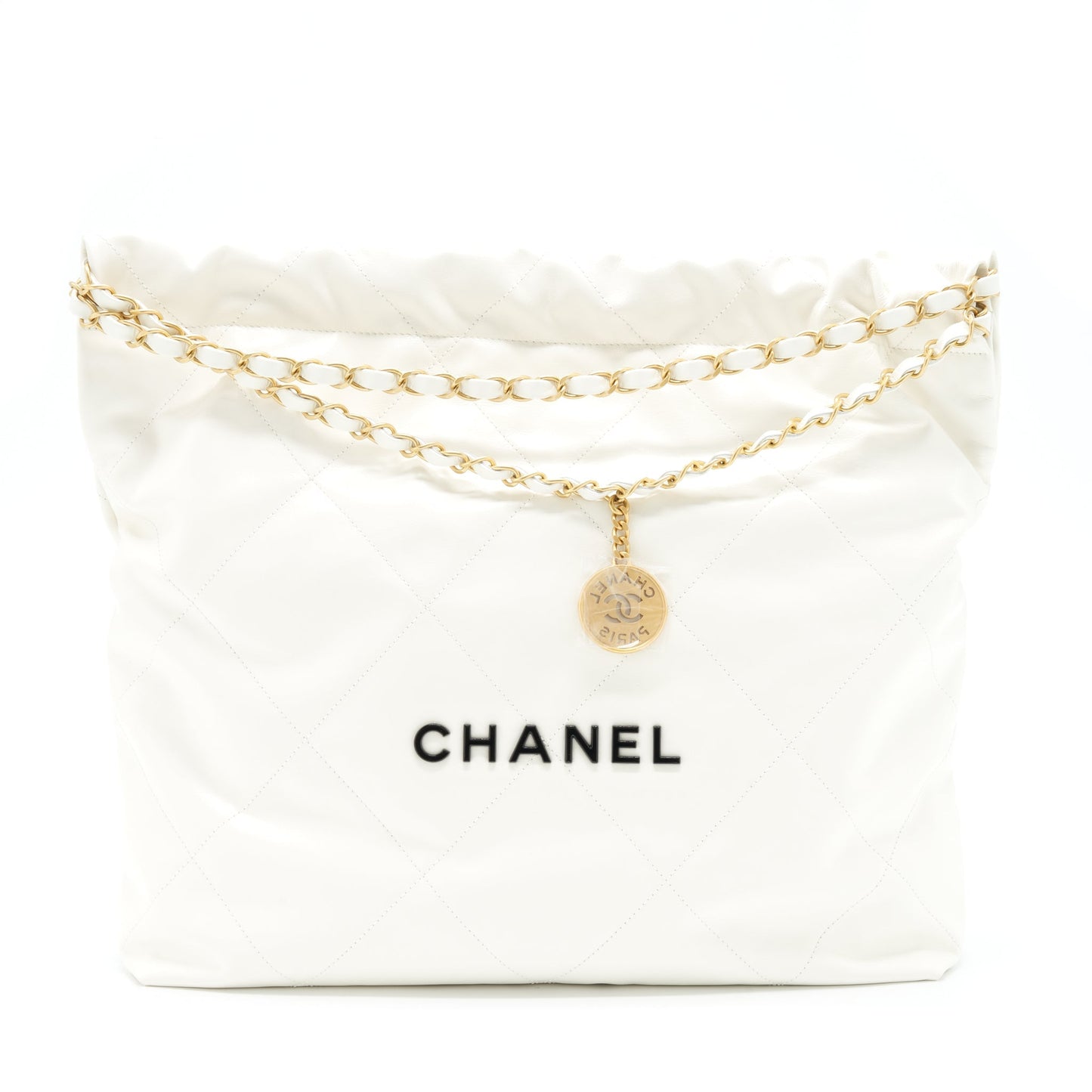 Chanel 22 Shiny Calfskin GHW Microchip White Small Handbag