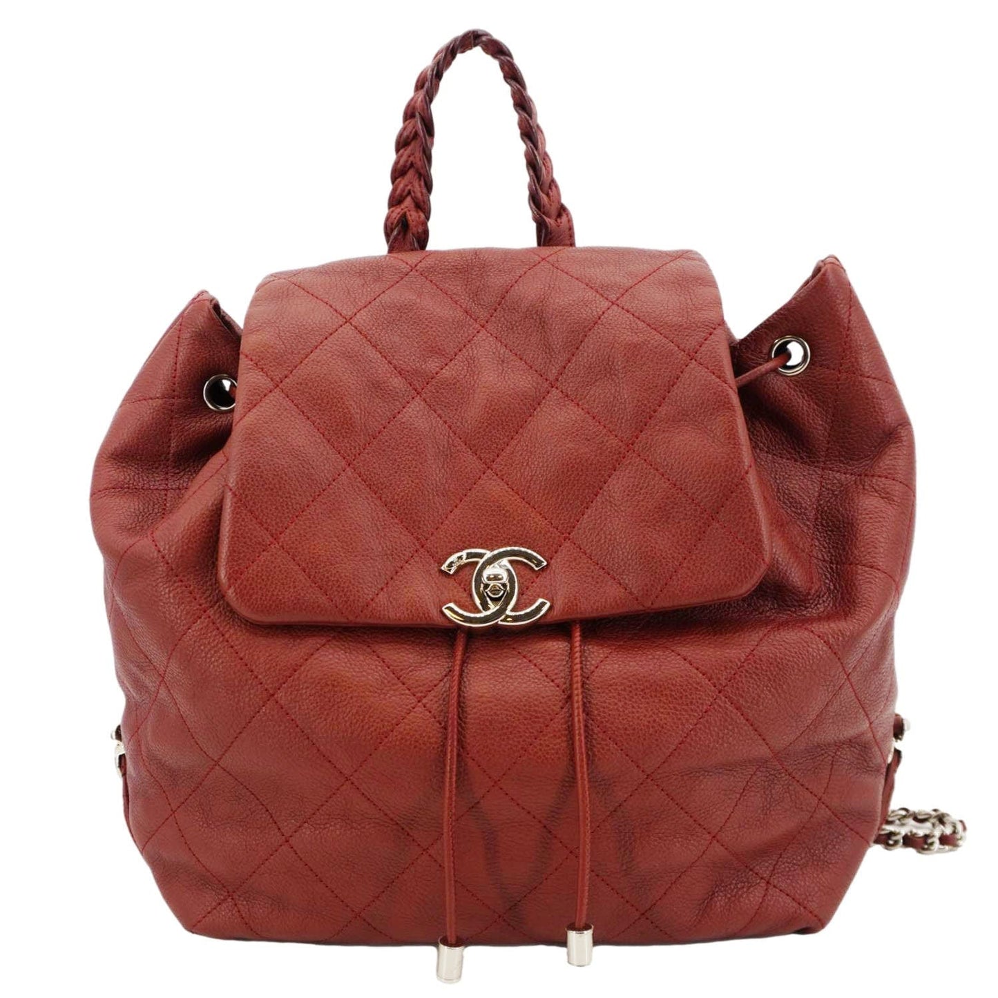 Chanel Braided Style Quilted Drawstring Backpack Leather Jewelry