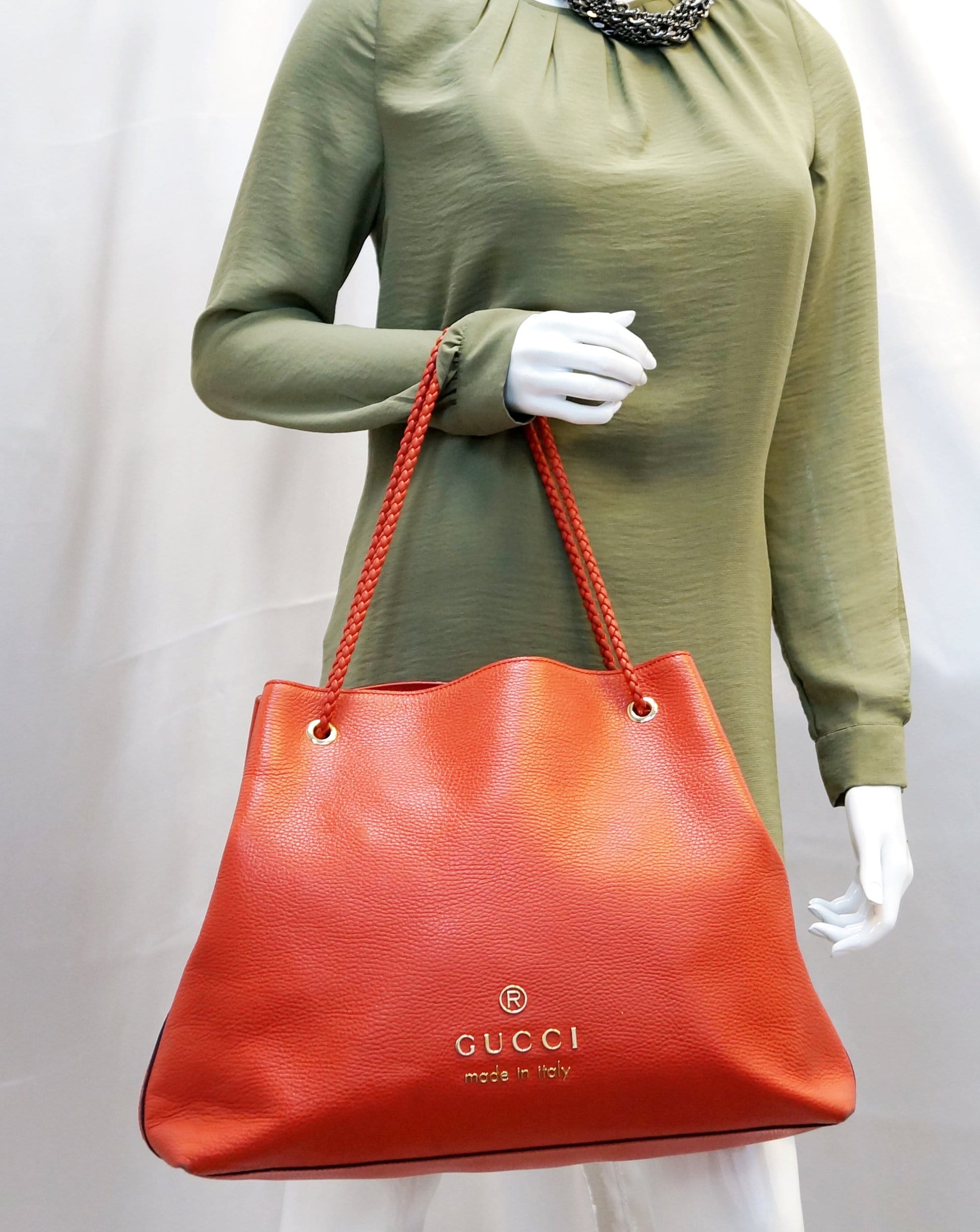 Gucci Calfskin Braided Handle Gifford Tote Bag Red Large