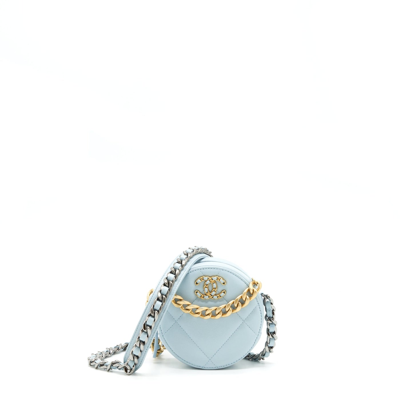 Chanel 19 Round Lambskin Light Blue Clutch Bag