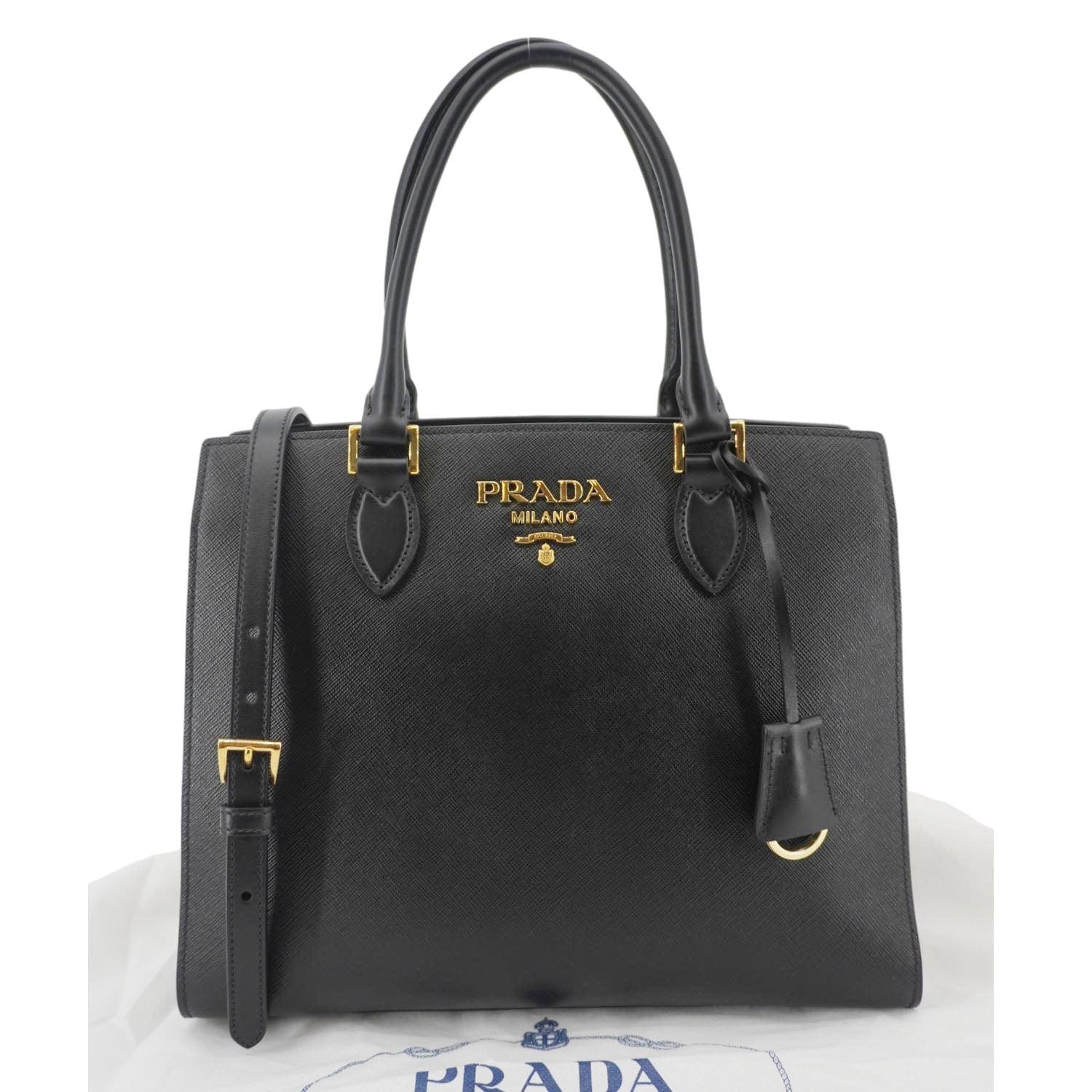 Prada Soft Zippered Tote Bag Leather Saffiano Black
