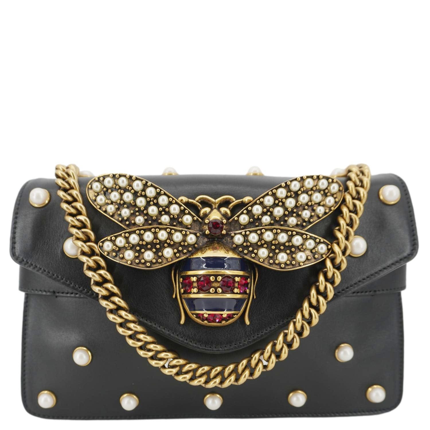 Gucci Broadway Queen Margaret Pearl Studded Nappa Crossbody Leather Black Crossbody Bag