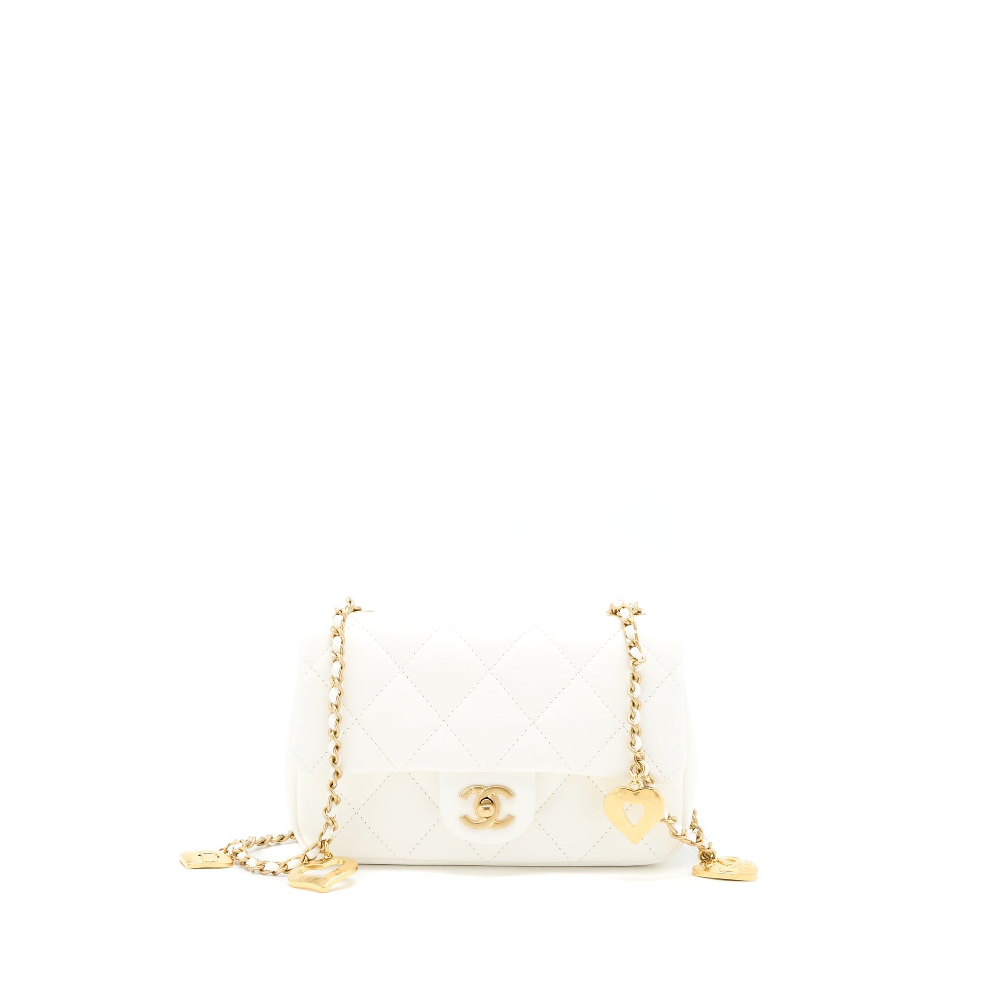 Chanel Quilted Flap Heart Charm Lambskin GHW White Key Chain
