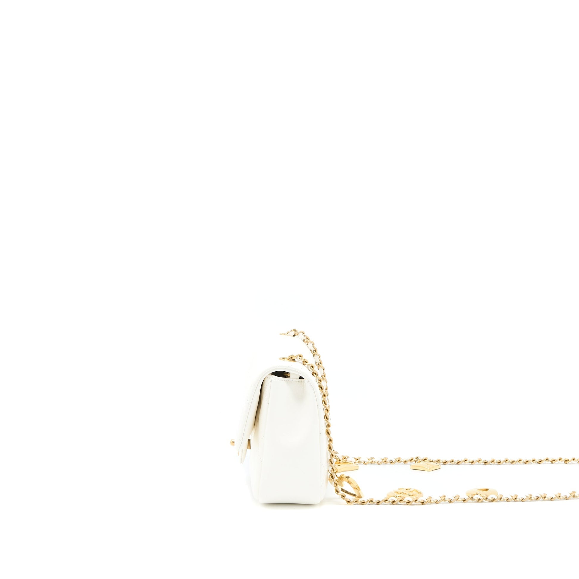 Chanel Quilted Flap Heart Charm Lambskin GHW White Key Chain