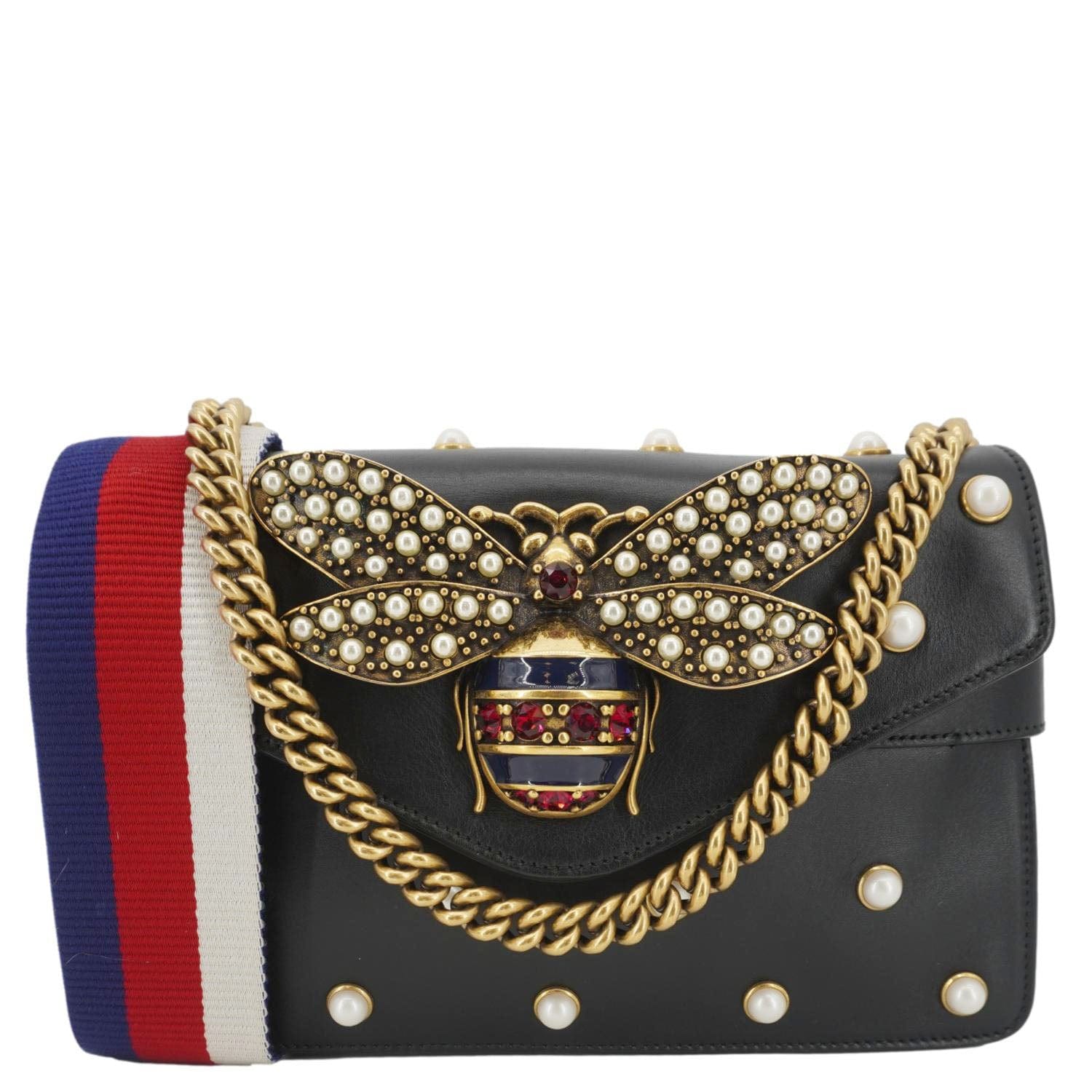 Gucci Broadway Queen Margaret Pearl Studded Nappa Crossbody Leather Black Crossbody Bag