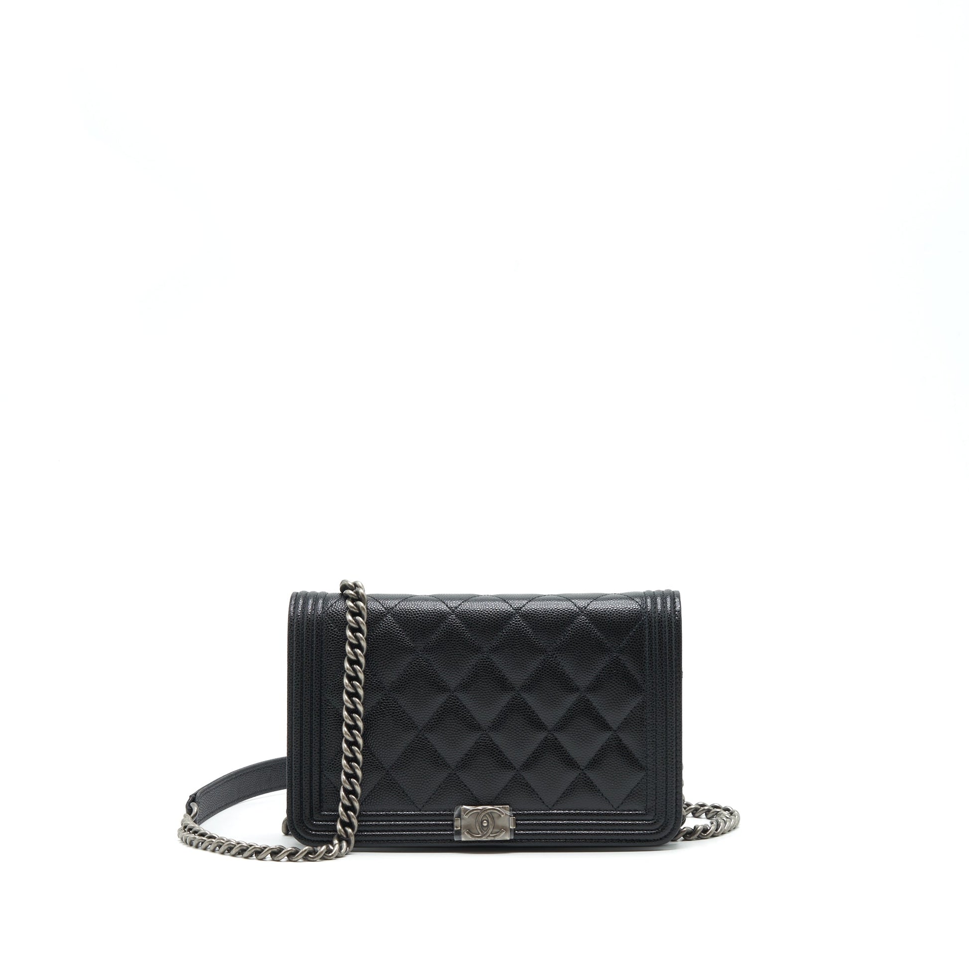 Chanel Boy On Caviar Ruthenium Sliver Hardware Black Wallet Case