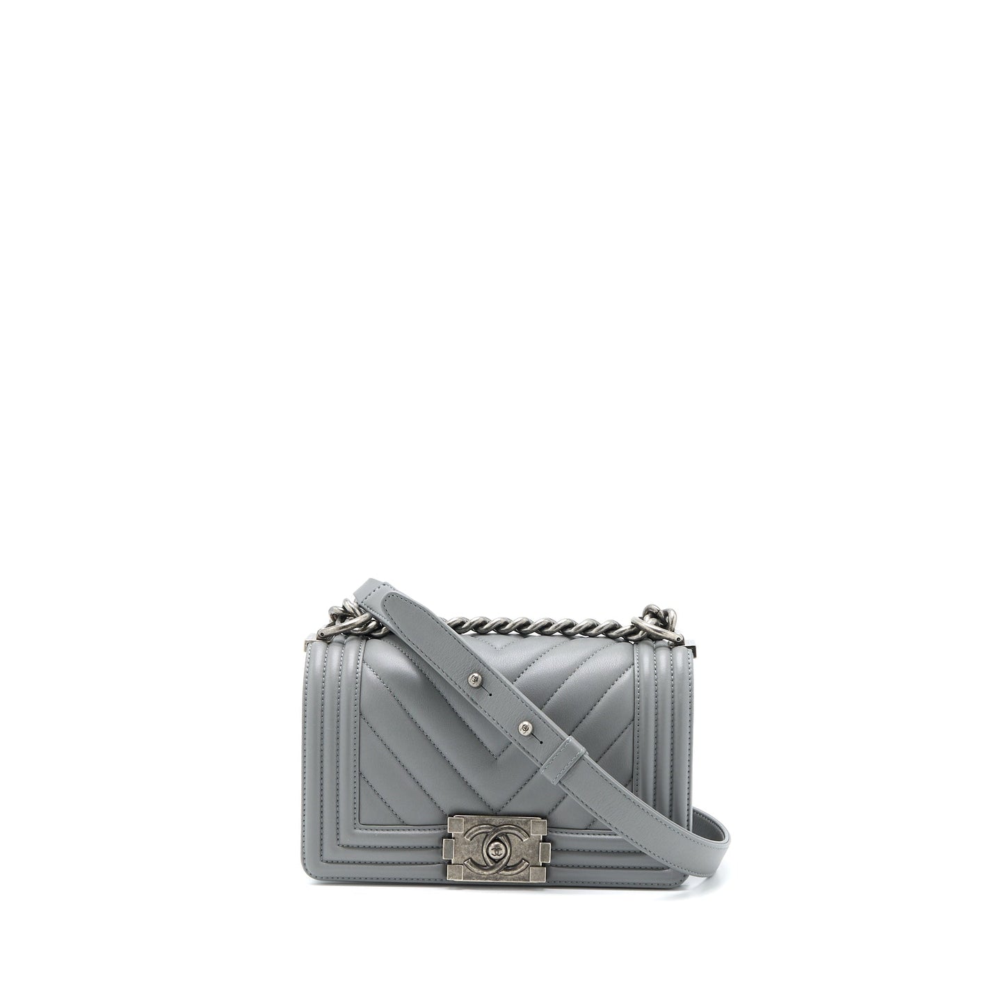Chanel Boy Chevron Lambskin Ruthenium Hardware Grey Small Handbag