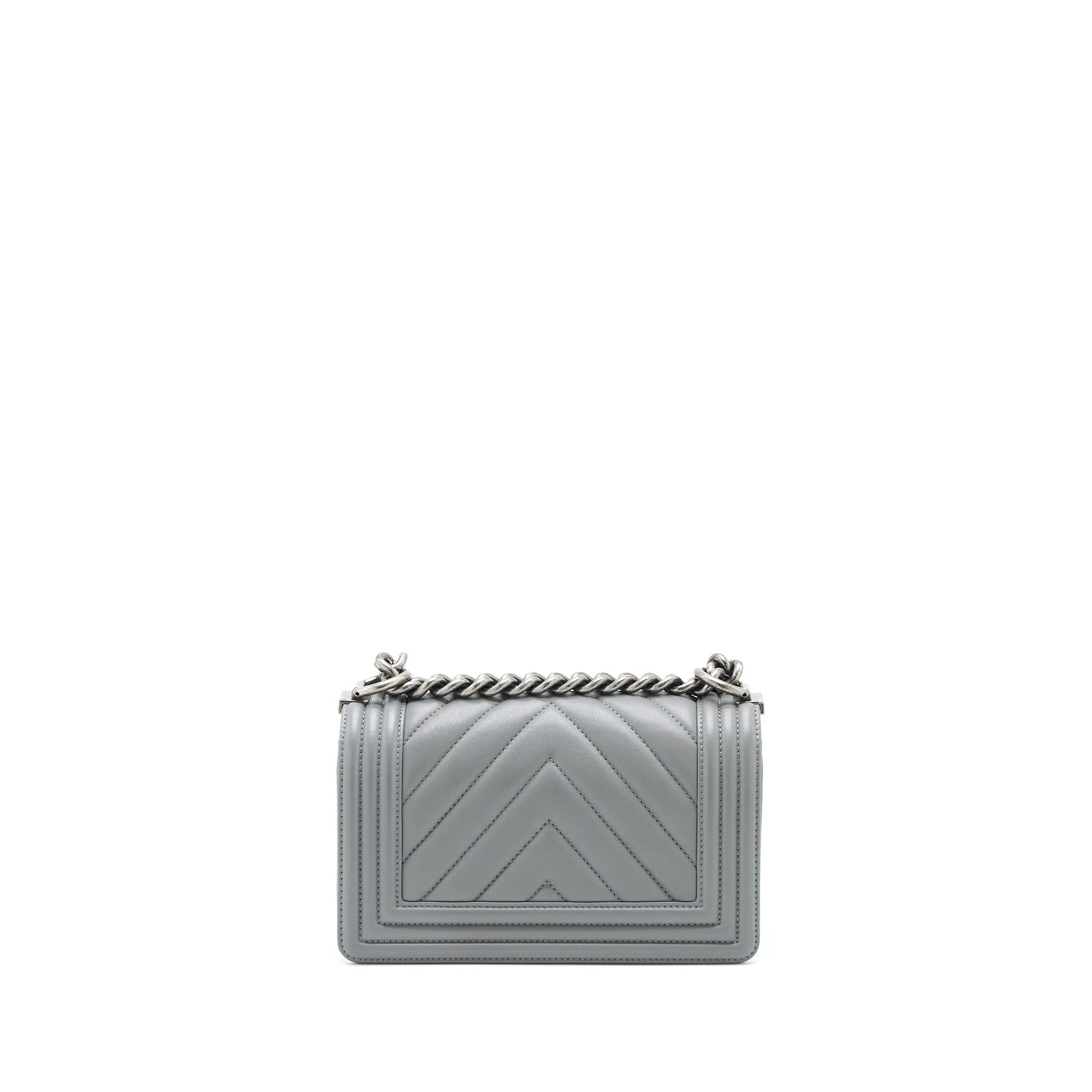 Chanel Boy Chevron Lambskin Ruthenium Hardware Grey Small Handbag