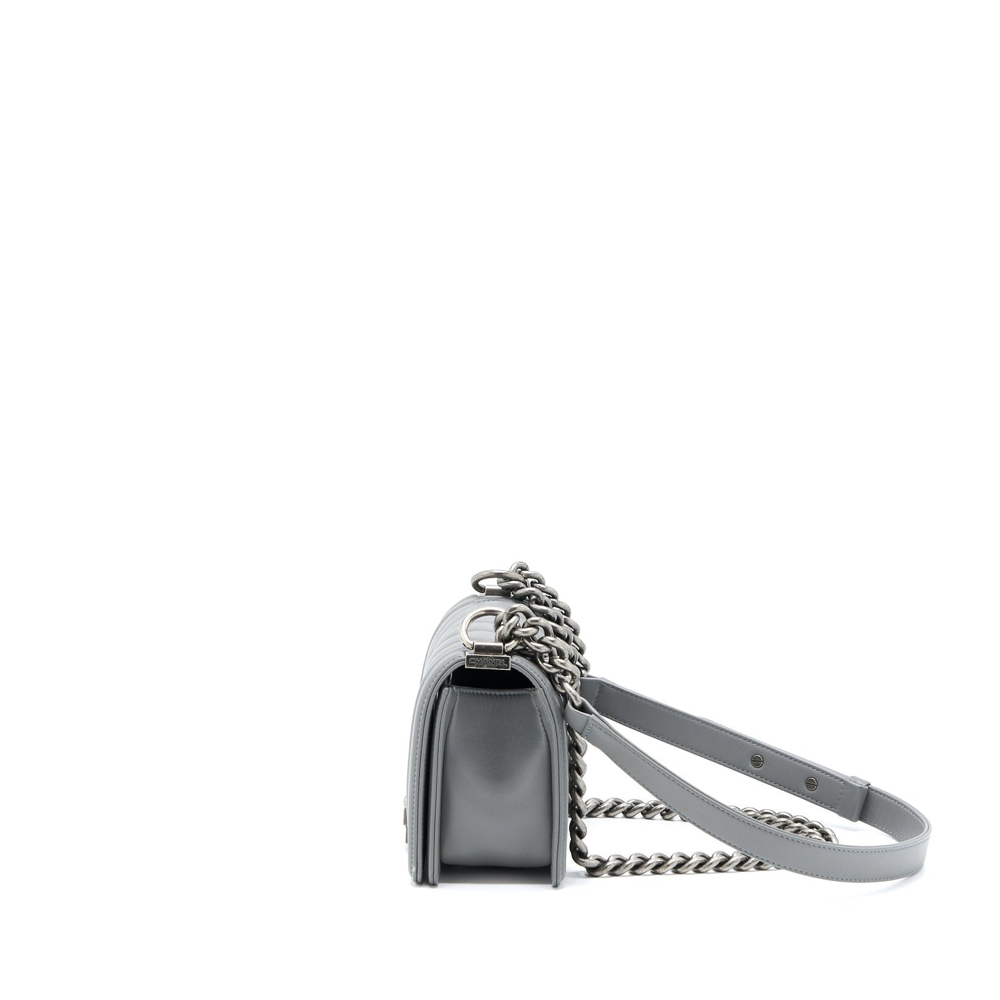 Chanel Boy Chevron Lambskin Ruthenium Hardware Grey Small Handbag
