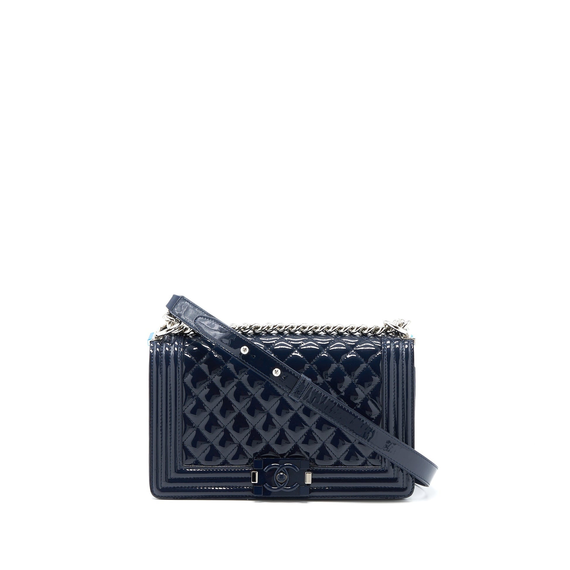 Chanel Boy Patent Navy SHW Handbag