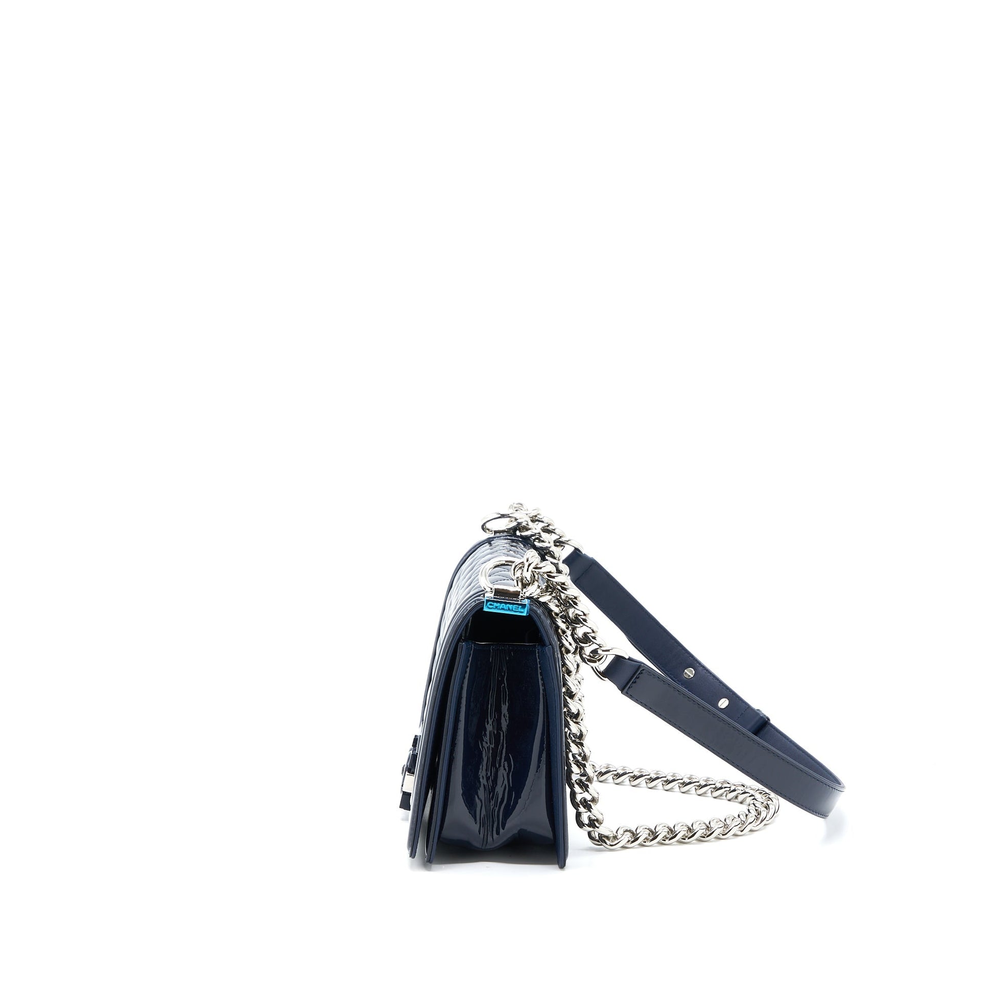 Chanel Boy Patent Navy SHW Handbag