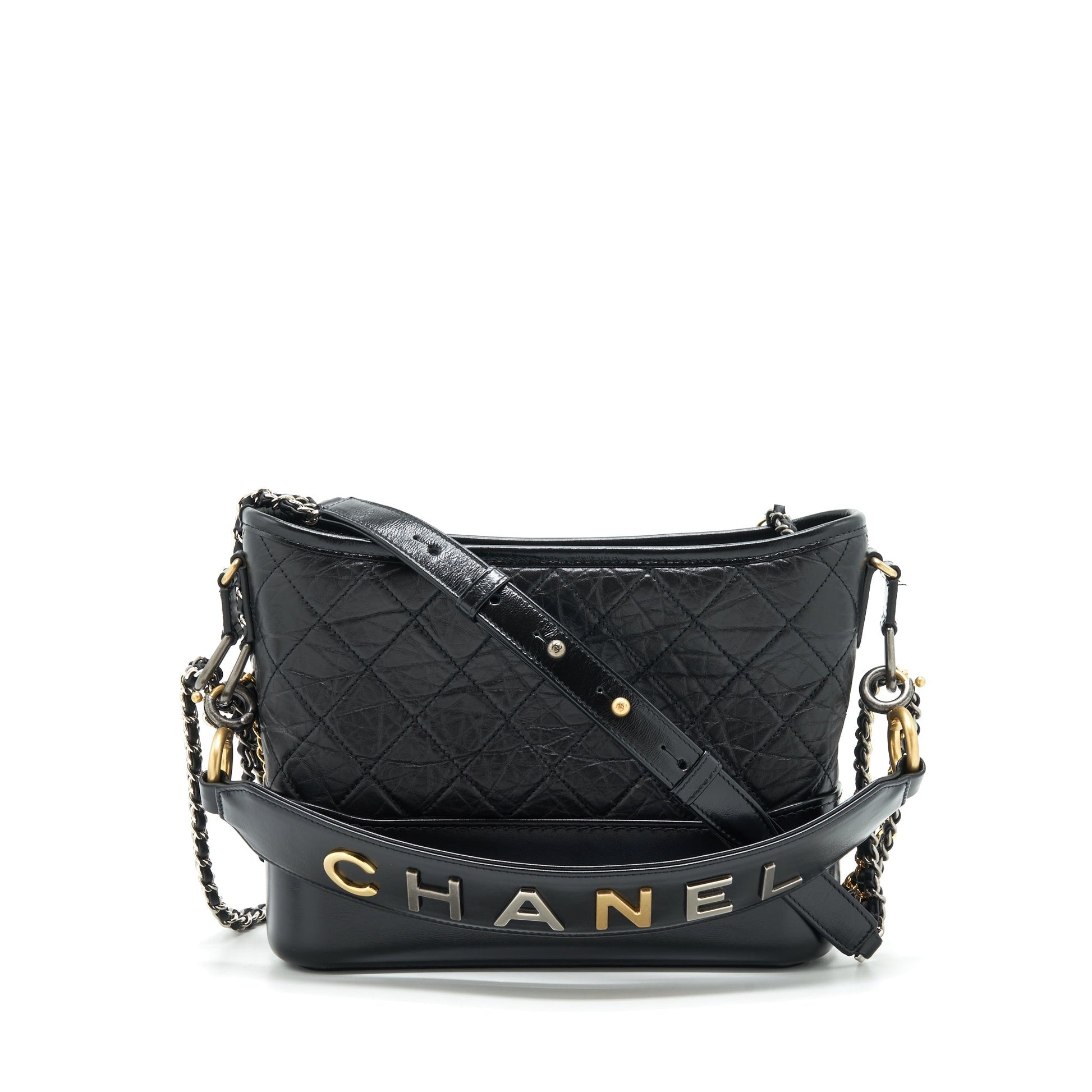 Chanel Gabrielle Hobo Handle New Calfskin Sliver Black Gold Shoulder Bag