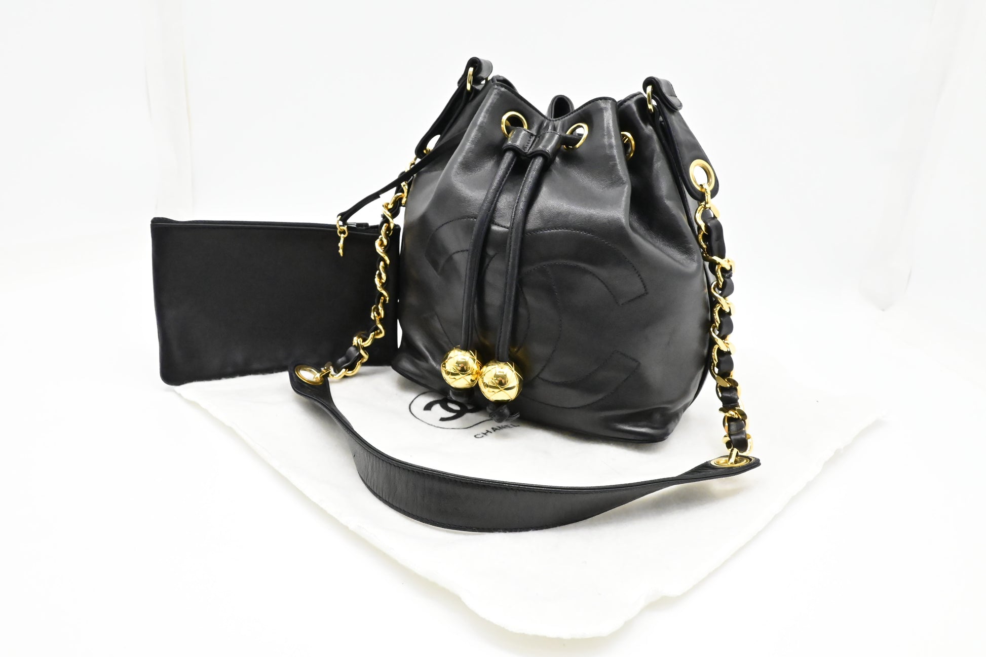 Chanel Drawstring Bucket Black Leather Jewelry