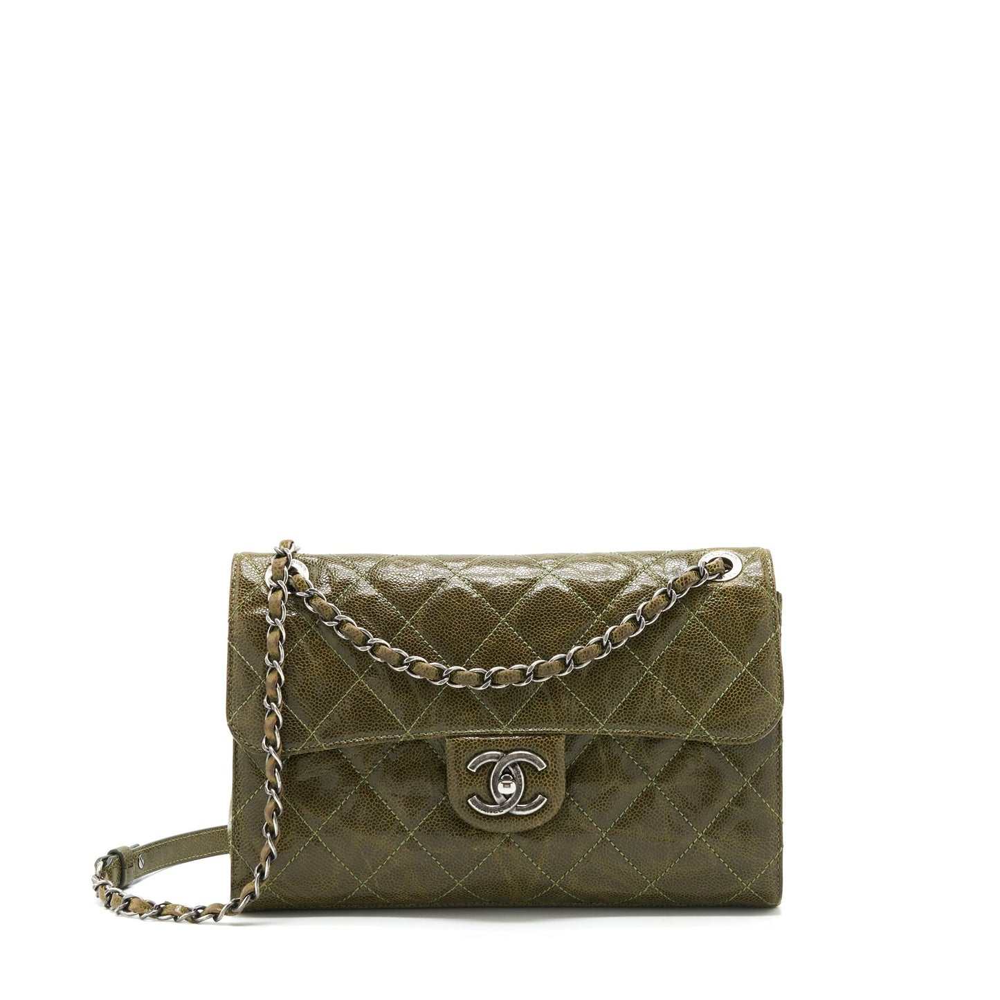 Chanel Quilted Grained Calfskin Flap Olive ruthenium Green Shoulder Bag
