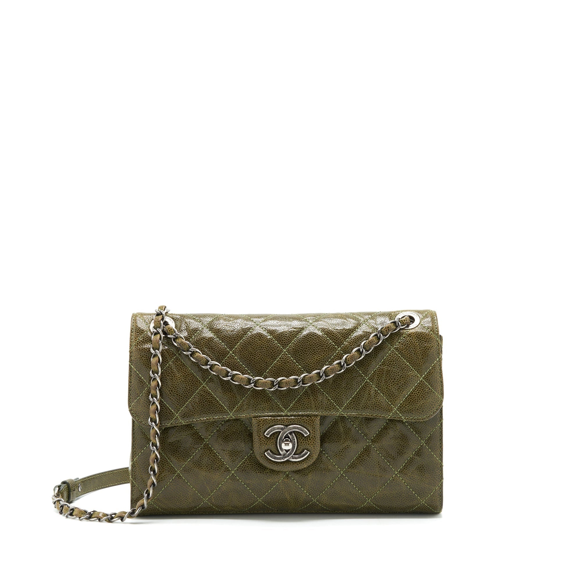 Chanel Quilted Grained Calfskin Flap Olive ruthenium Green Shoulder Bag