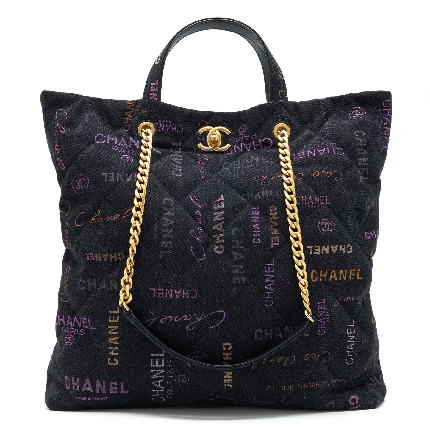 Chanel 22P Printed Denim Maxi Shopping GHW Multicolour Black Tote Bag