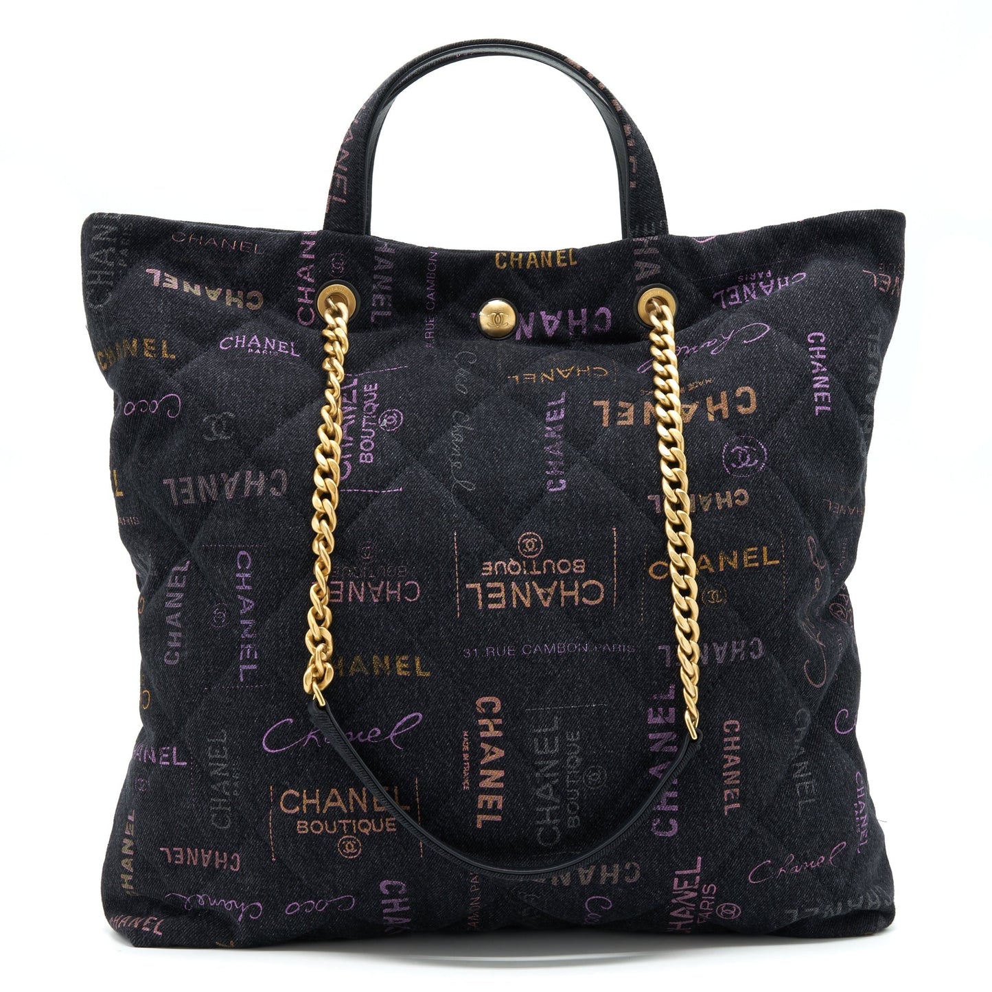 Chanel 22P Printed Denim Maxi Shopping GHW Multicolour Black Tote Bag