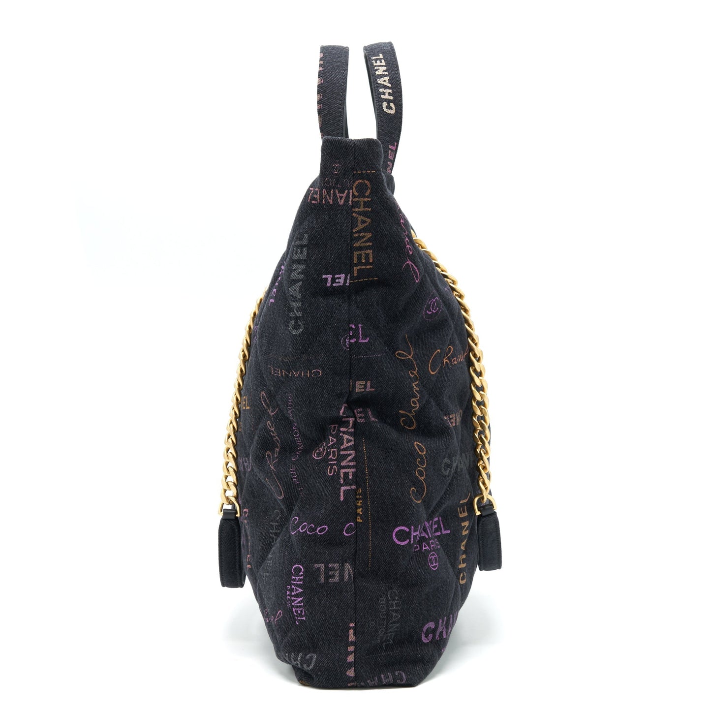 Chanel 22P Printed Denim Maxi Shopping GHW Multicolour Black Tote Bag